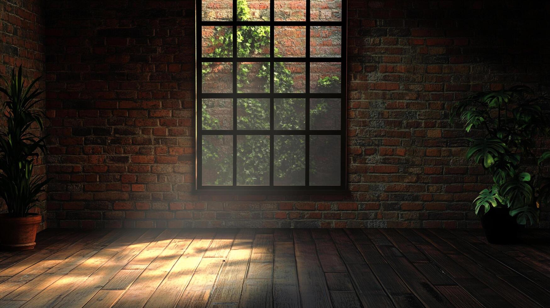 Rustic interior with exposed brick, dark wood floors, and a window revealing lush greenery creating a natural, comforting ambiance. photo