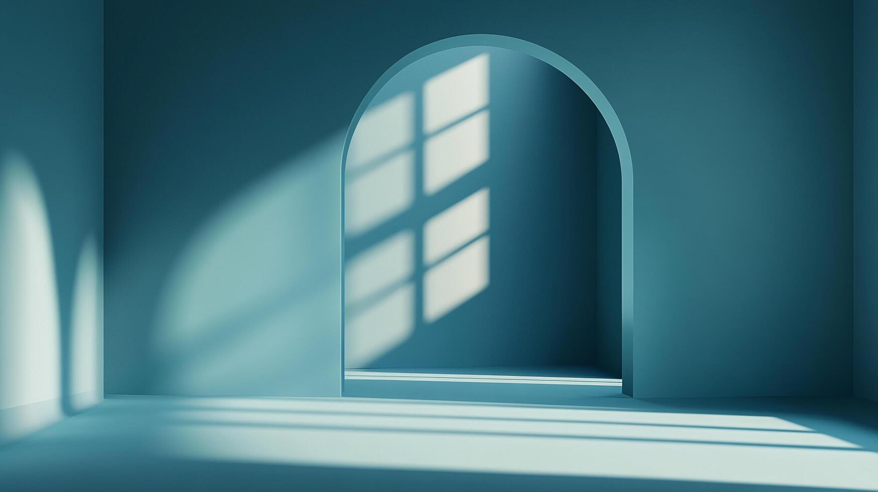 An airy and minimalistic room features an arched doorway, through which light streams in, casting patterns across the floor and walls. photo