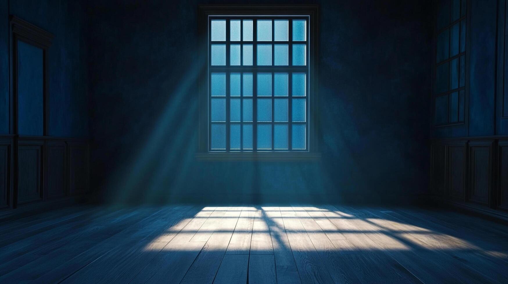 An empty, dark blue room is illuminated by light coming from the window. The room is filled with rays of light and shadows. photo