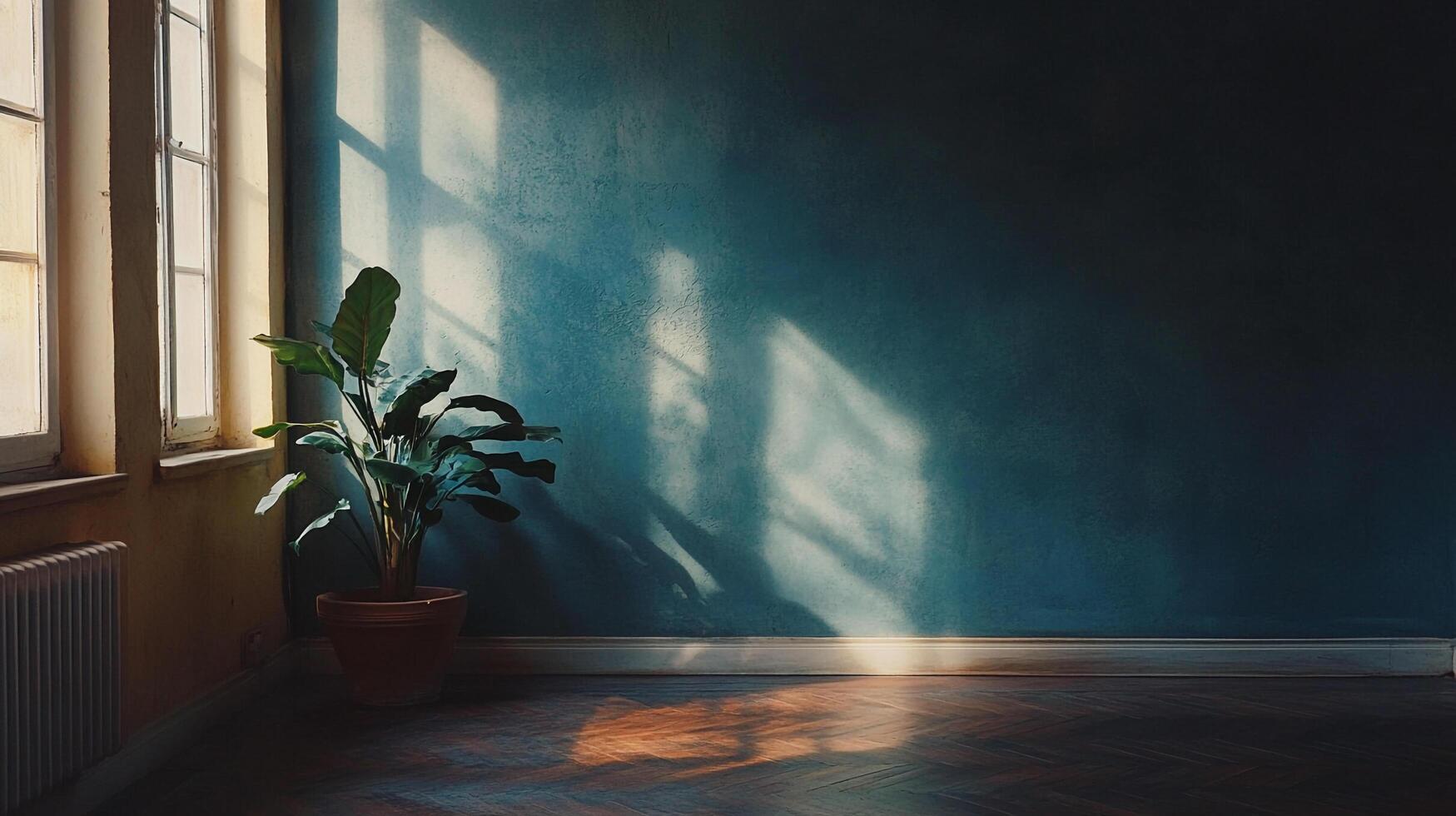 Sunlit room with a plant against a textured blue wall. Light streams in from window casting shadows on wall and floor. Minimal, tranquil scene. photo