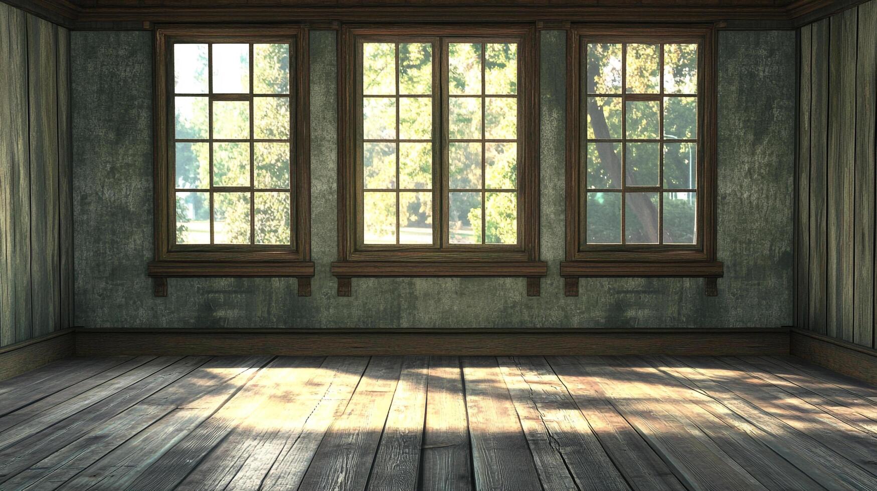 Rustic charm in sunlit room. Natural light streams through paneled windows, illuminating the aged wood floor and textured walls. photo