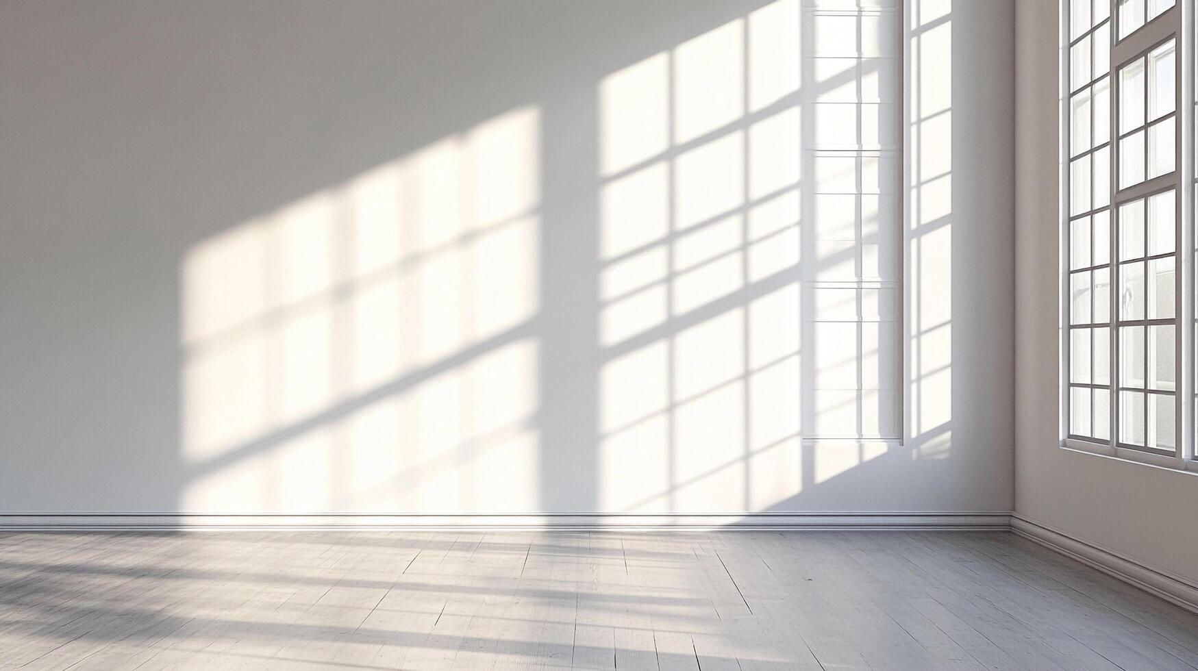 Bright, airy room filled with light filtering through grid-pattern windows, creating soft shadows across the walls and floors. photo