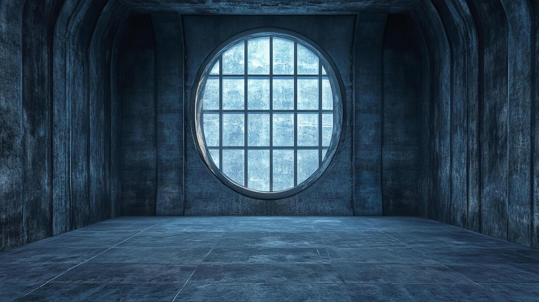 Eerie interior featuring a gridded round window in a concrete room. The window brings light into the otherwise dim space. photo