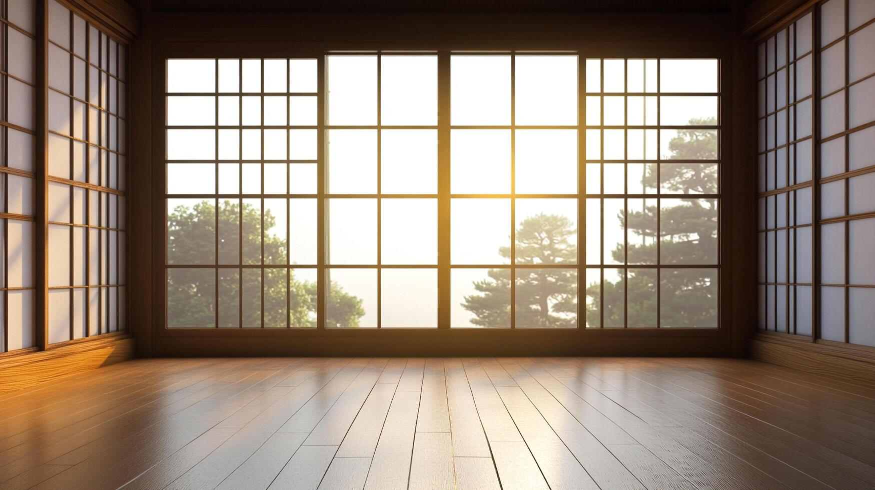 Sunlit minimalist room with large windows offers a serene space, highlighting the seamless blend of interior design with nature's beauty. photo