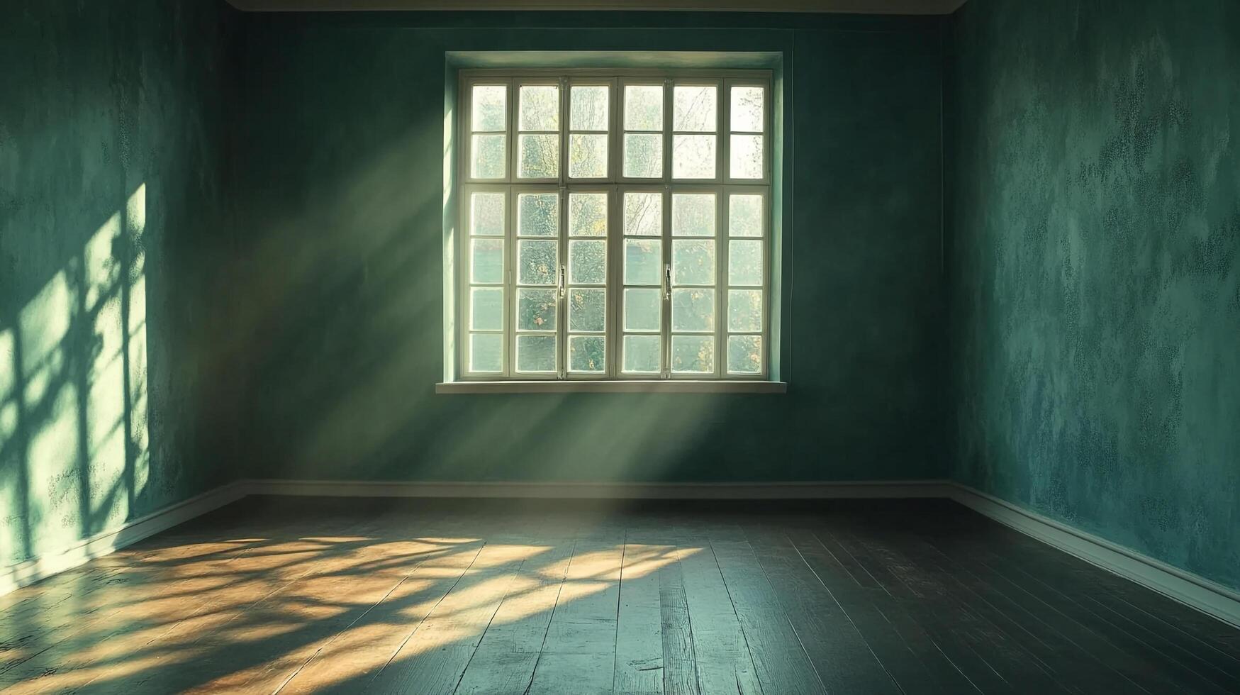Sunlight streams into an empty room, illuminating the floor with bright rays through a multi-paned window, casting stark shadows. photo