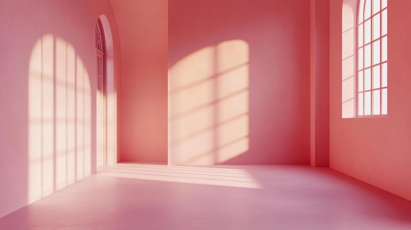 Sunlit pink room featuring natural light streaming through windows, creating a serene, minimalist architectural scene indoors. photo