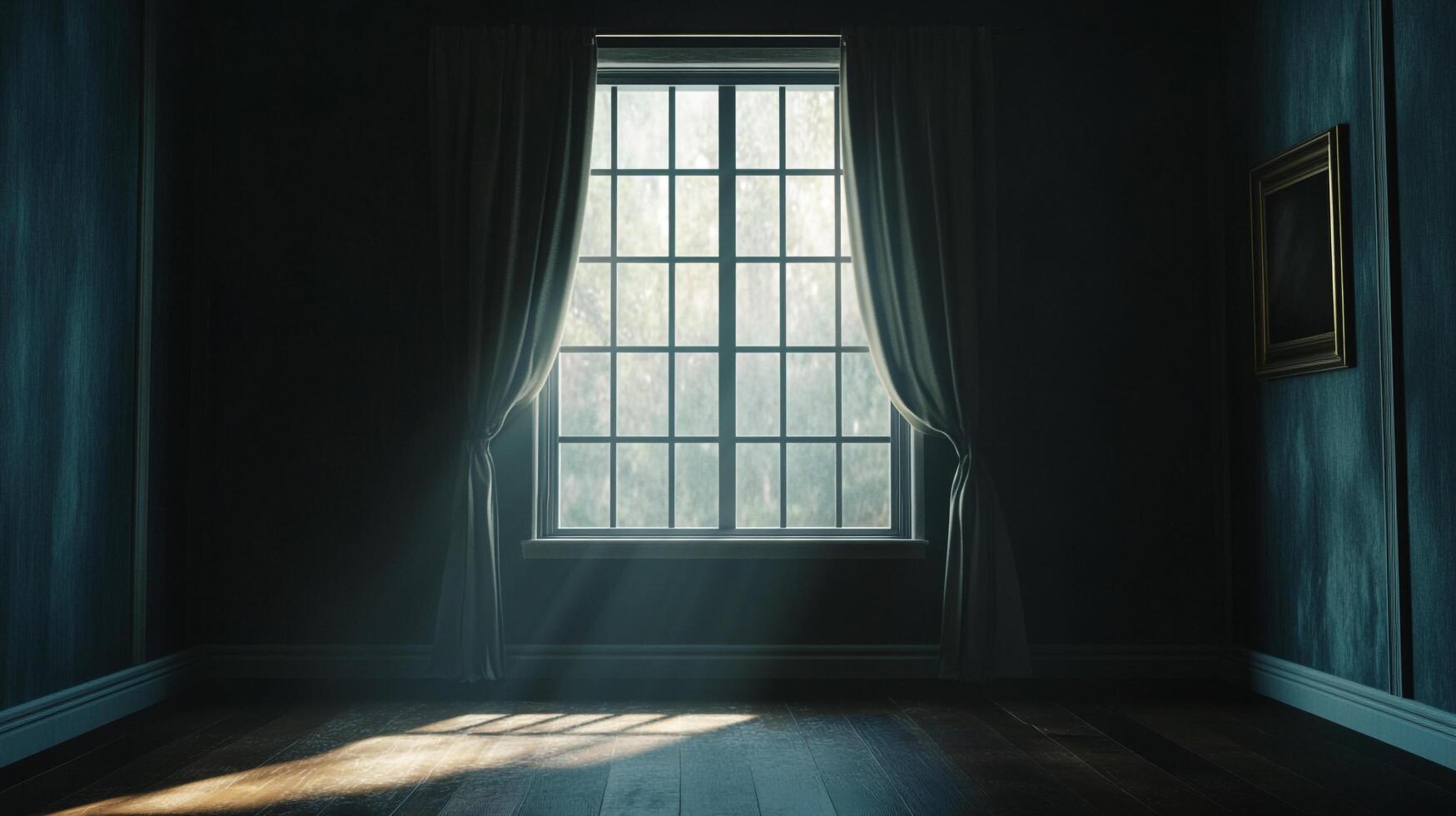 Sunlight through window curtains illuminating a dark, moody, and quiet interior room with a framed picture hanging on the wall. photo