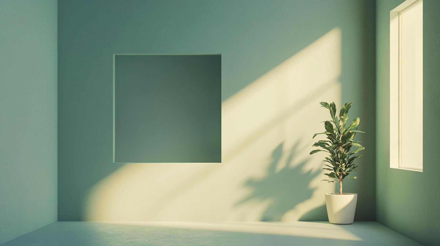 Minimalist interior with light, shadow, window and plant. Serene and calming atmosphere with light green walls and simple design elements. photo