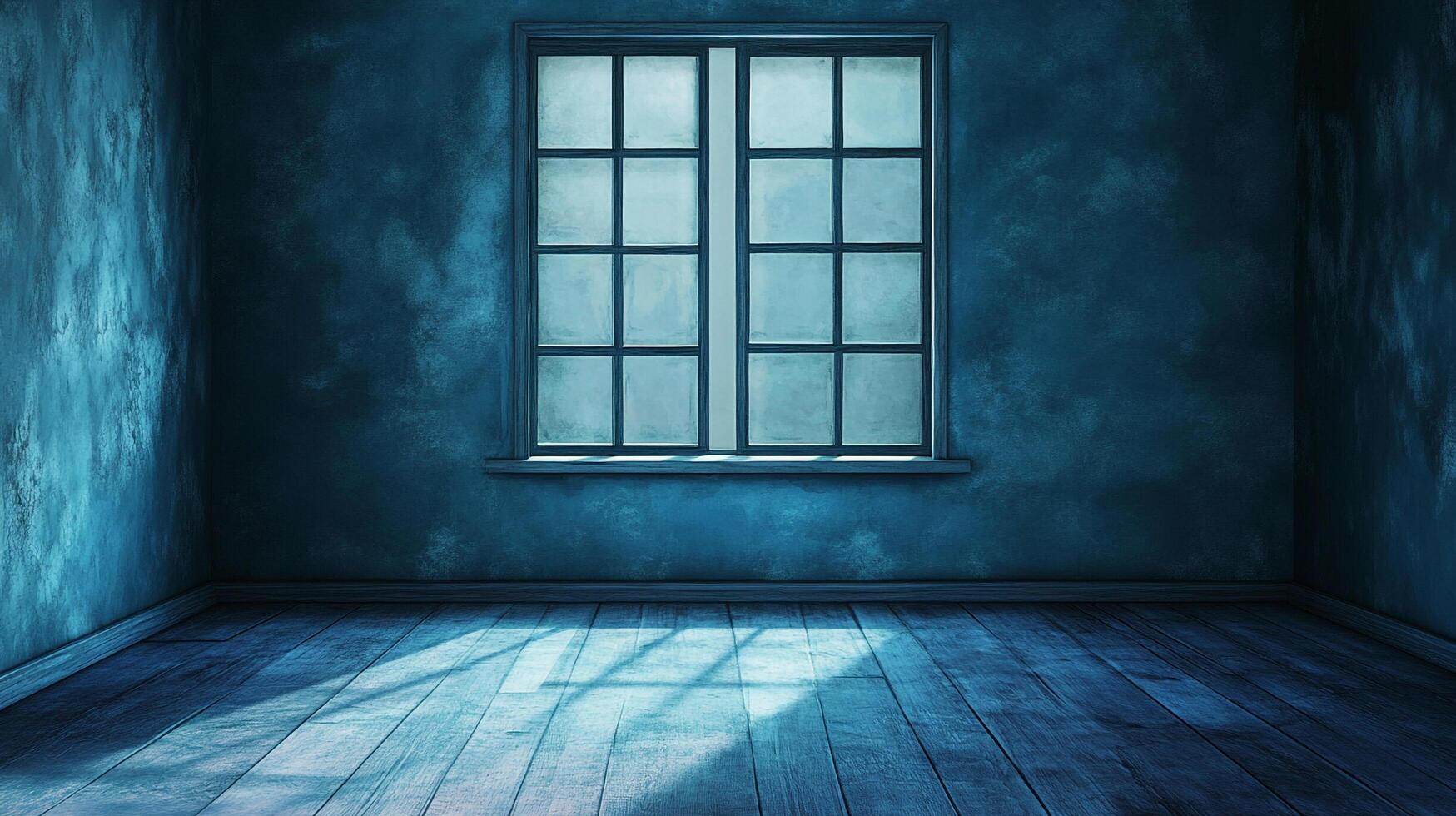 Moody blue room interior with natural light streaming through a window, creating shadows on the walls and floor, serene solitude. photo