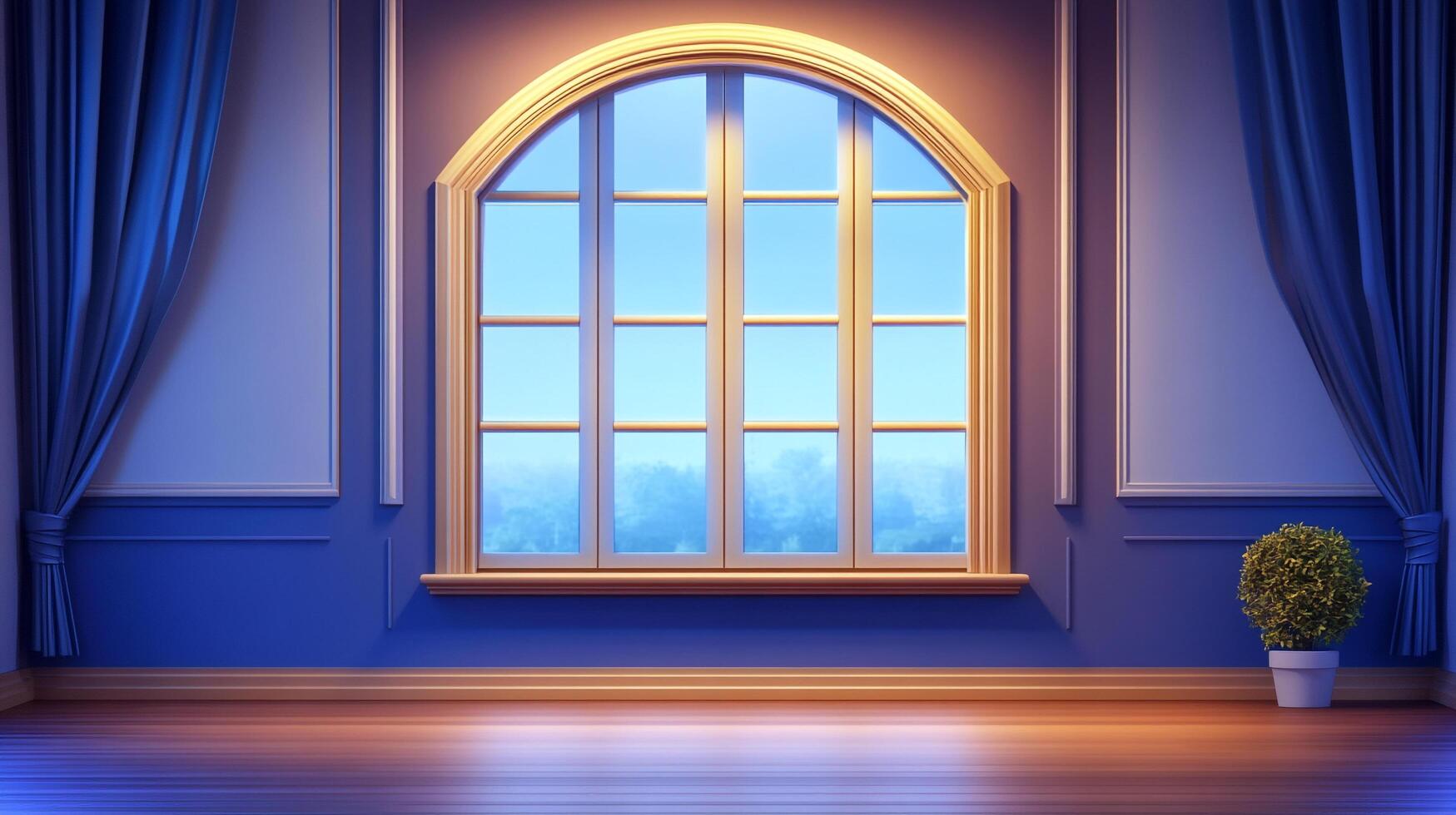 A brightly lit arched window framed by blue curtains and panelled walls in a cozy room with a wooden floor and a potted plant, creating a peaceful scene. photo