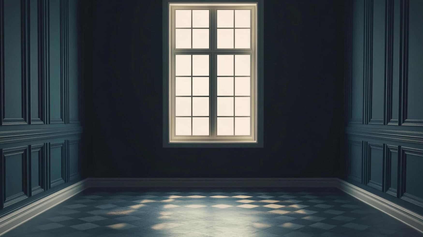 A moody, empty room with dark blue paneled walls, a checkered floor, and a window providing a beam of light. Intimate space with style. photo
