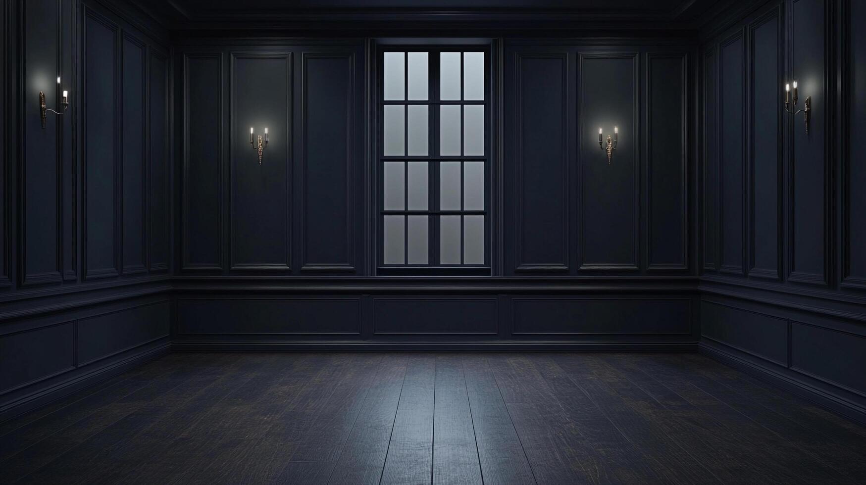 Dark, vintage room with paneled walls, wood floor, sconces, and a window. The room exudes a sense of mystery and elegance, and looks abandoned. photo
