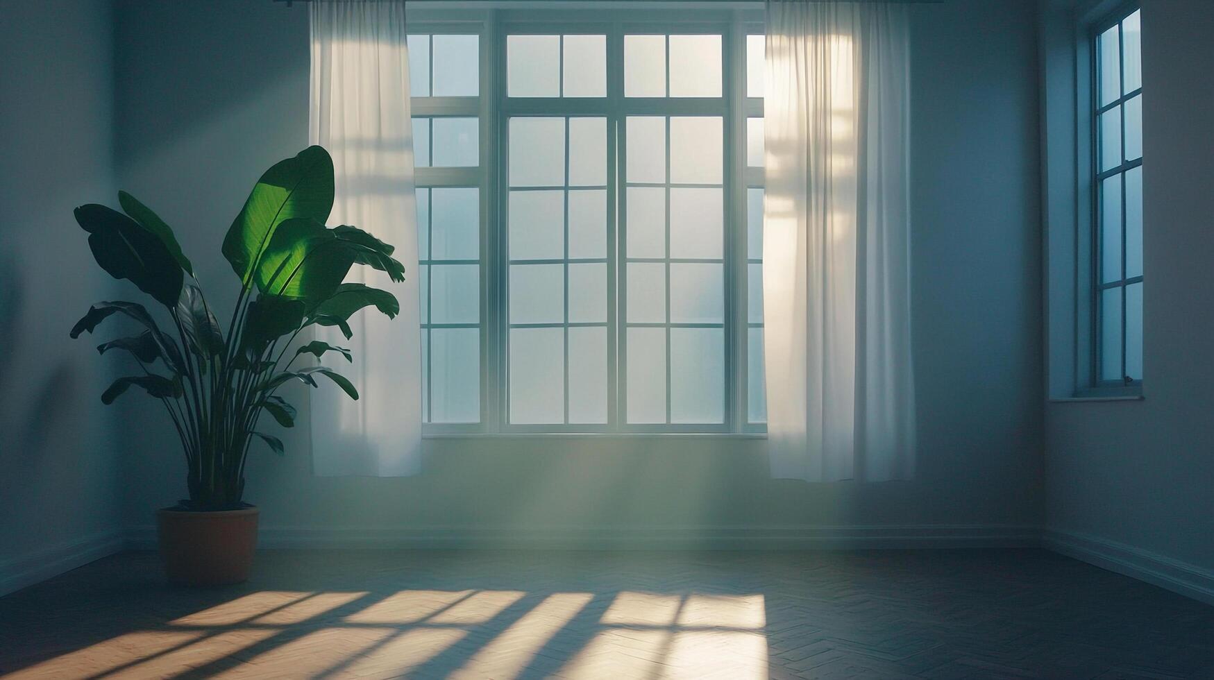 Sunlit room features a large window with sheer curtains, casting shadows across the hardwood floor, with a potted plant in the corner. photo