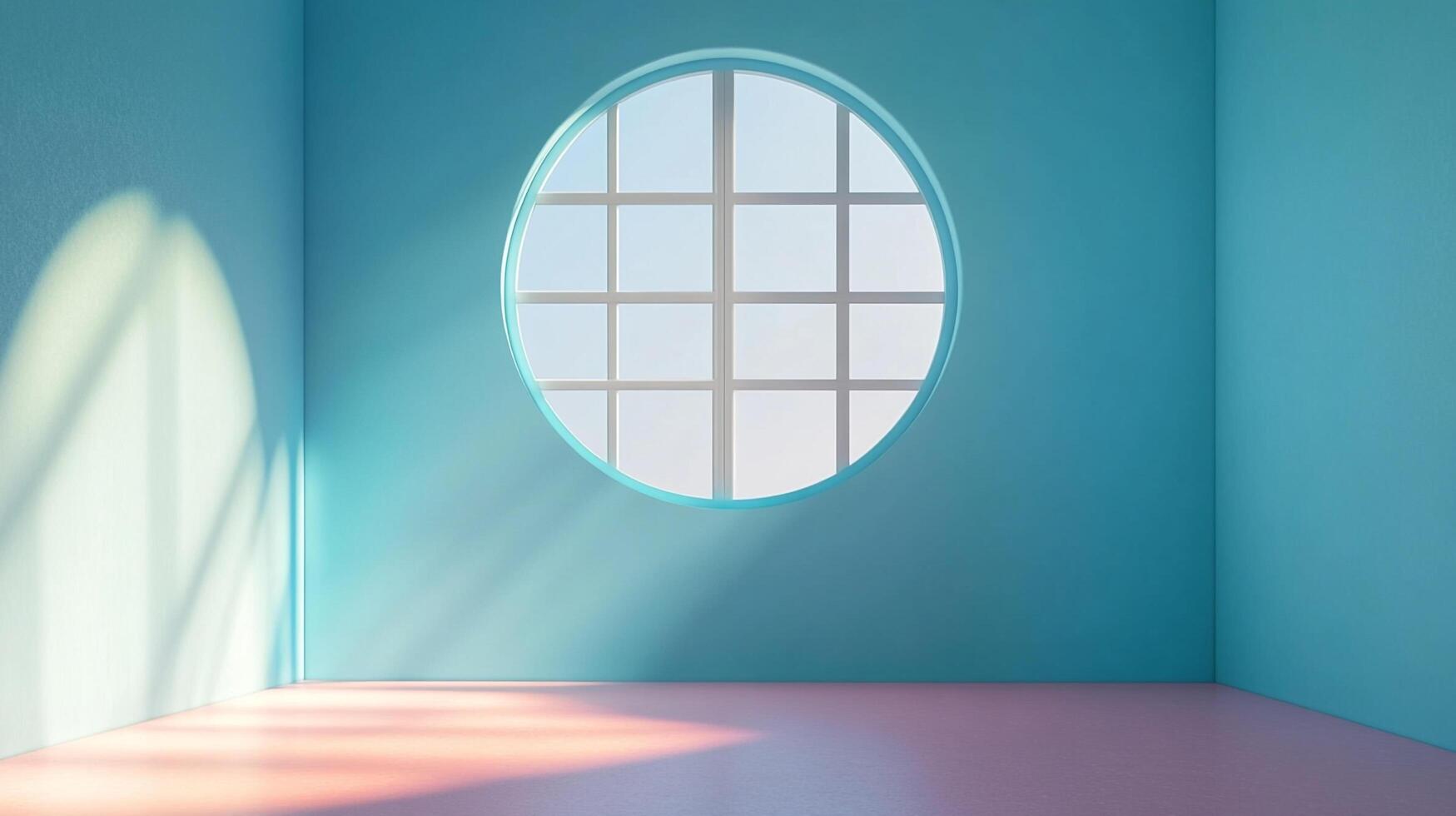 Minimalist room featuring a round window with sunlight streaming through, casting shadows on the blue walls and pink floor. photo