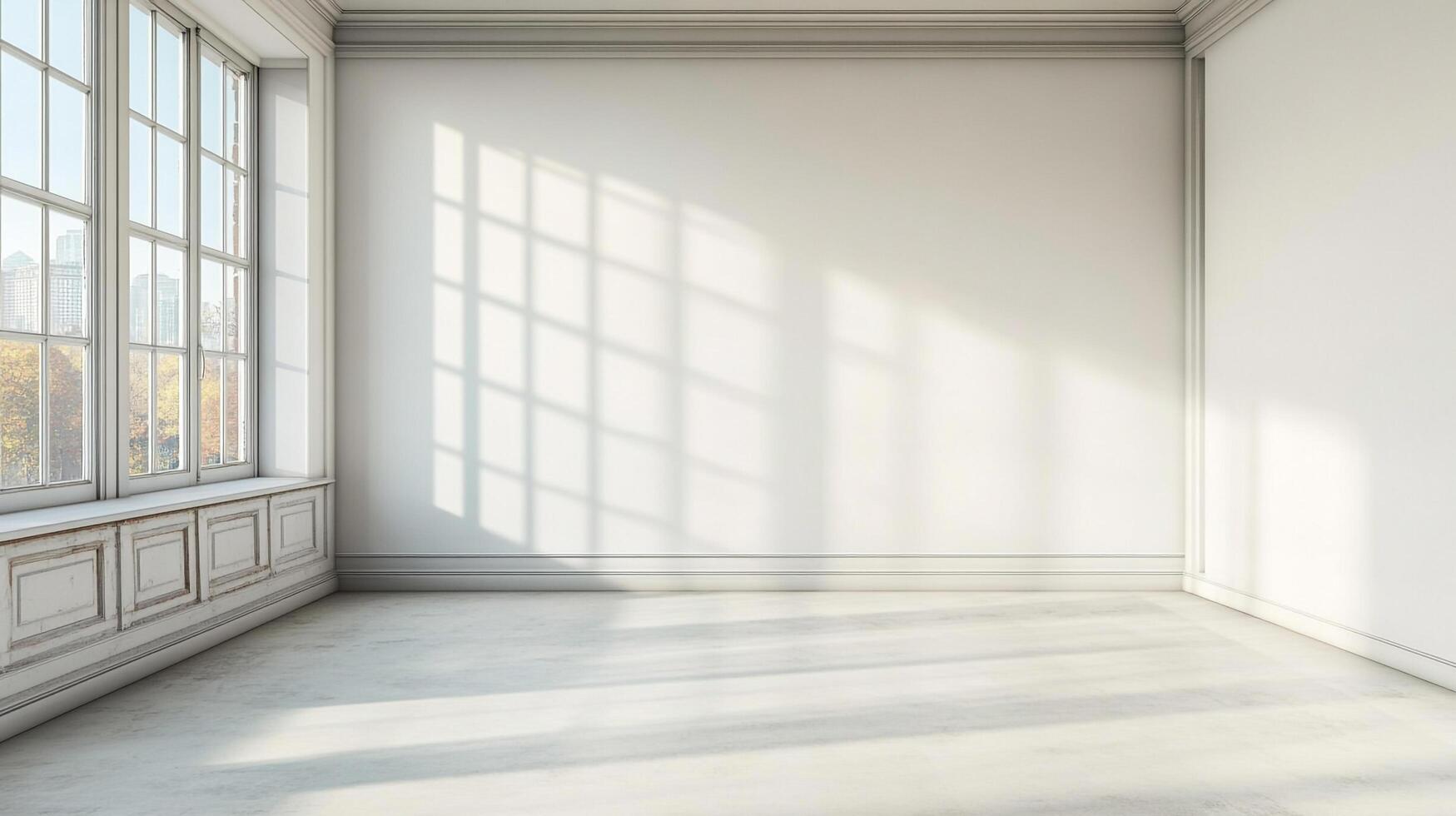 Bright minimalist room with large window casting geometric shadows, pristine walls, and light-toned floor evokes serenity and spaciousness. photo