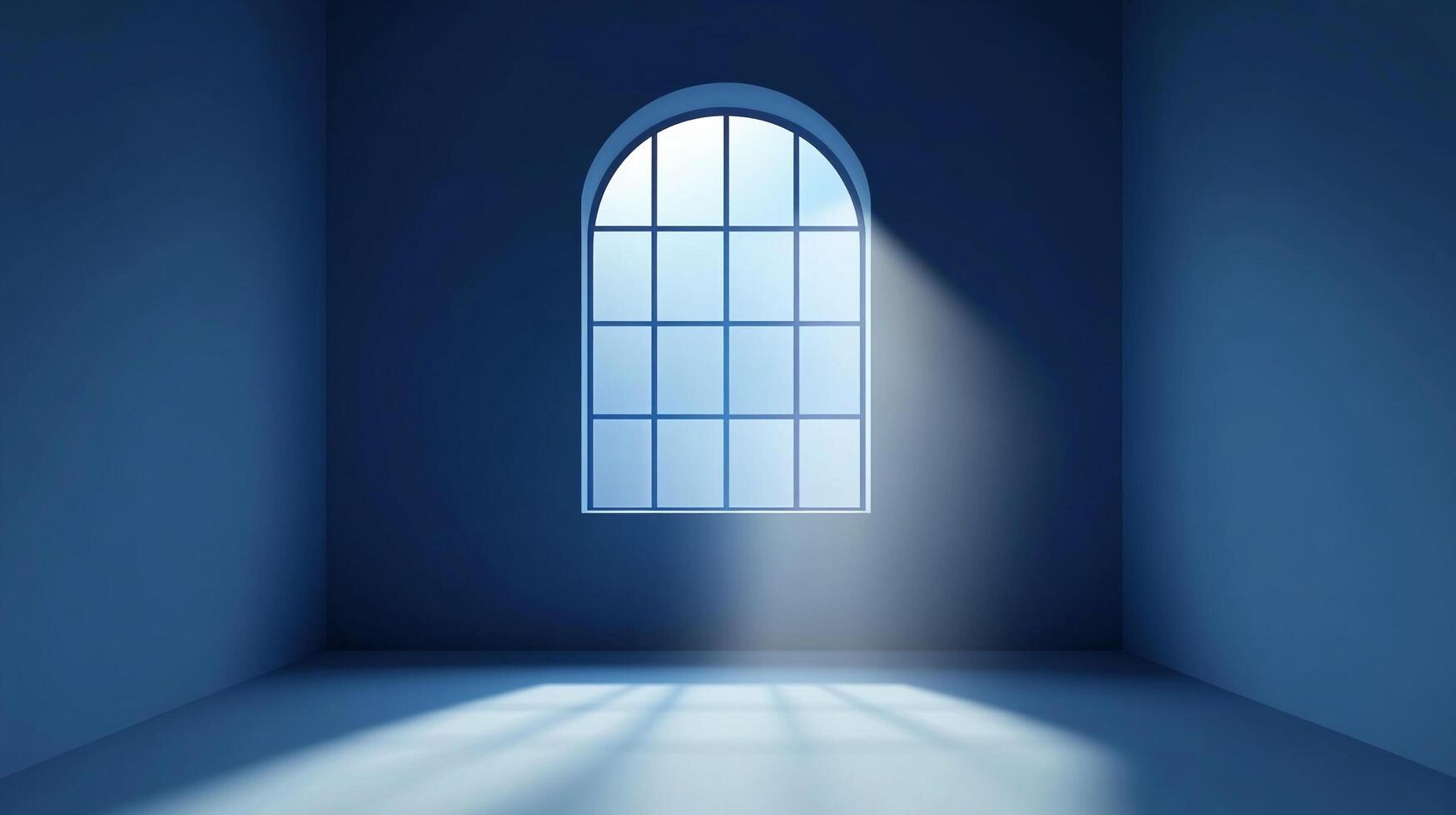 Sunlight streams through a window in a plain, blue room, illuminating the floor with a grid pattern. The room is simple and empty. photo
