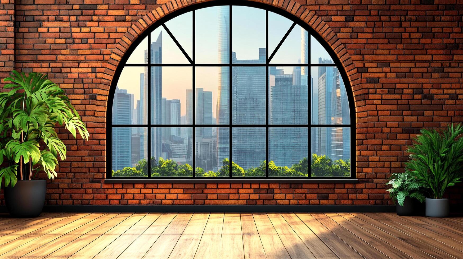 Brick wall loft with arched window view of city skyscrapers, houseplants, and wood floor offering bright urban oasis vibes. photo