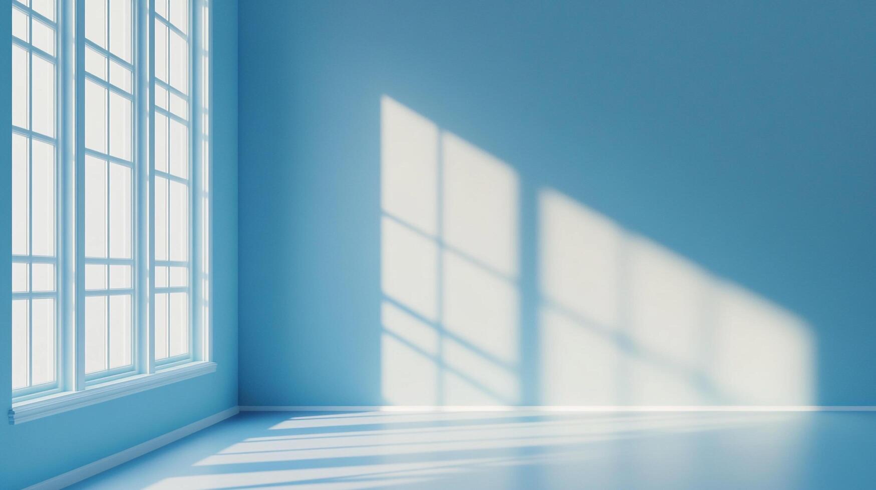 Light streams through a window in an empty blue room, creating bright and airy atmosphere with shadow patterns on the wall and floor. photo
