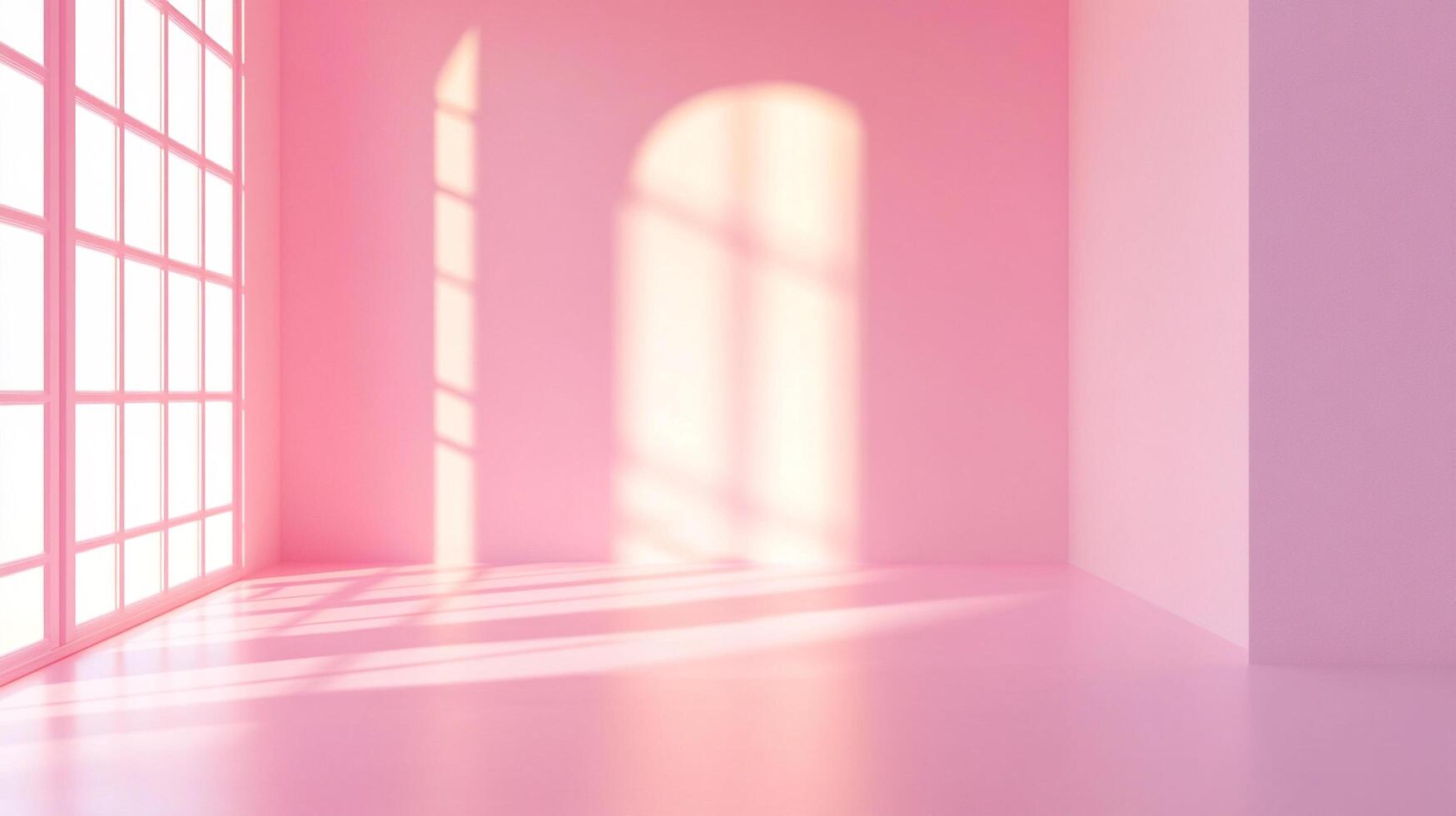 A minimalist room painted in pastel pink with sunlit windows creates a soft and inviting ambiance, perfect for serene contemplation. photo