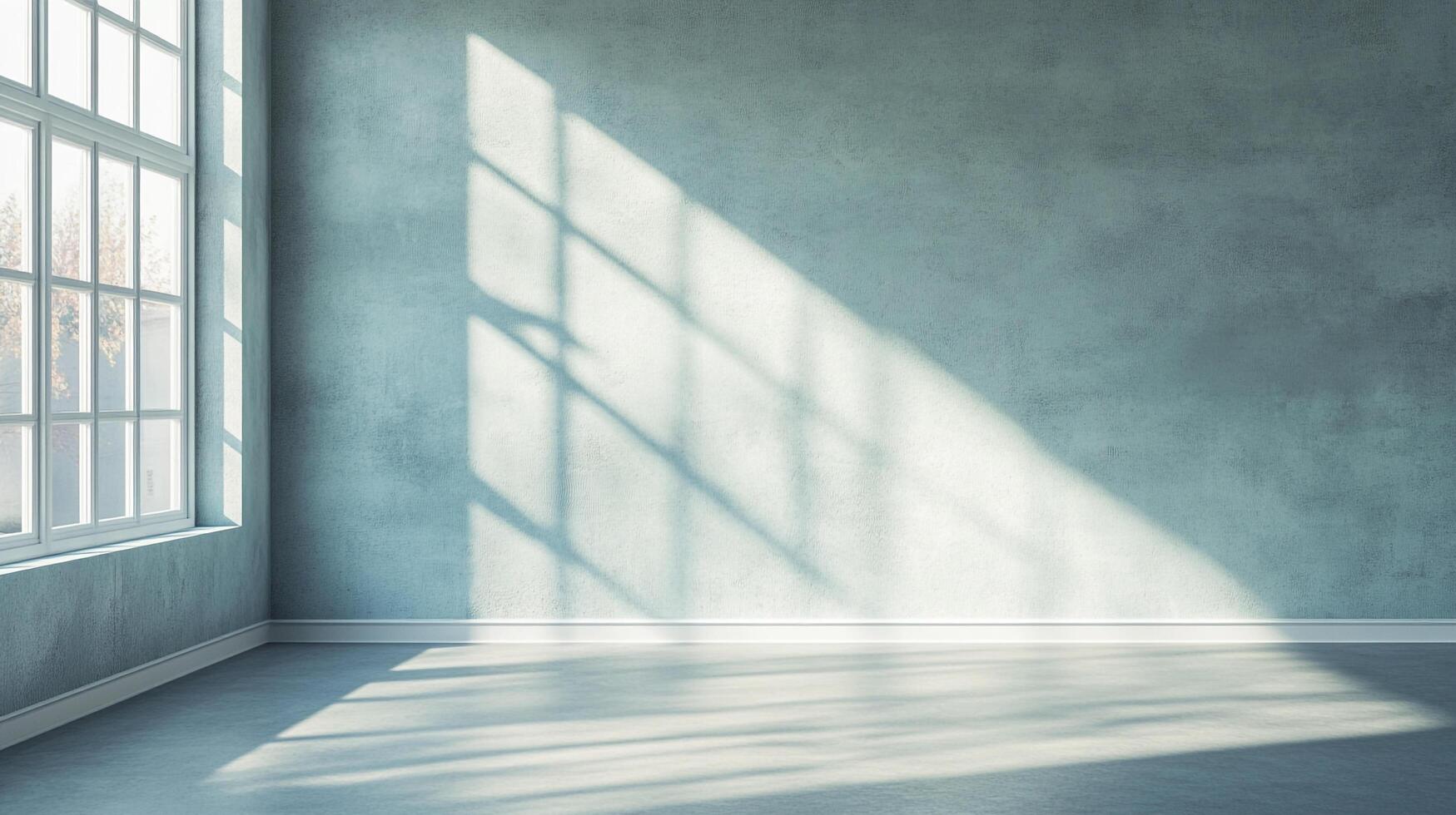 Sunlight streams through a multi-paned window, casting an elegant geometric shadow pattern across the minimalist room's muted wall and floor. photo