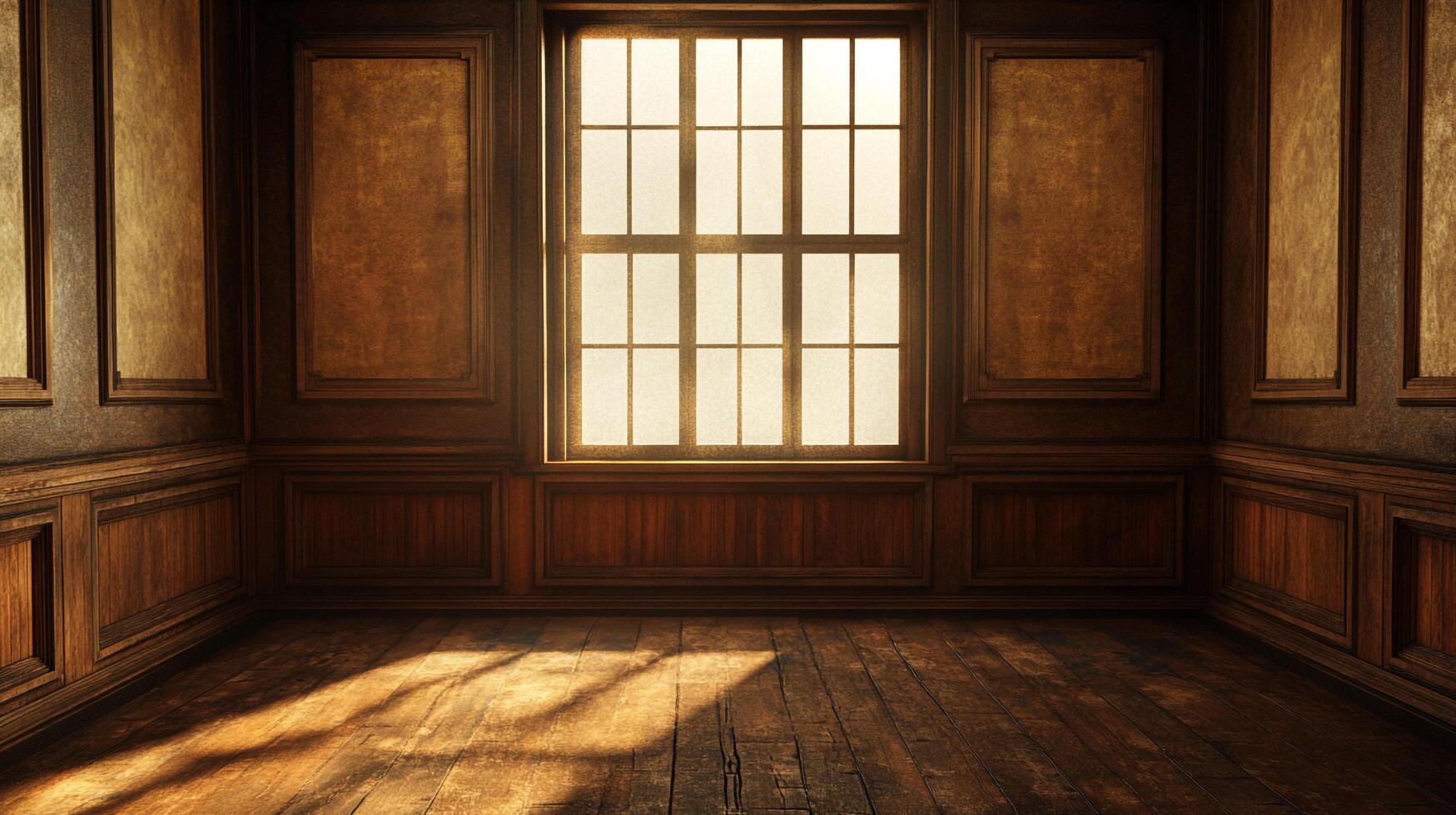 Sunlight streams through the window, illuminating an empty, vintage-style room with warm, aged wood paneling and flooring. photo