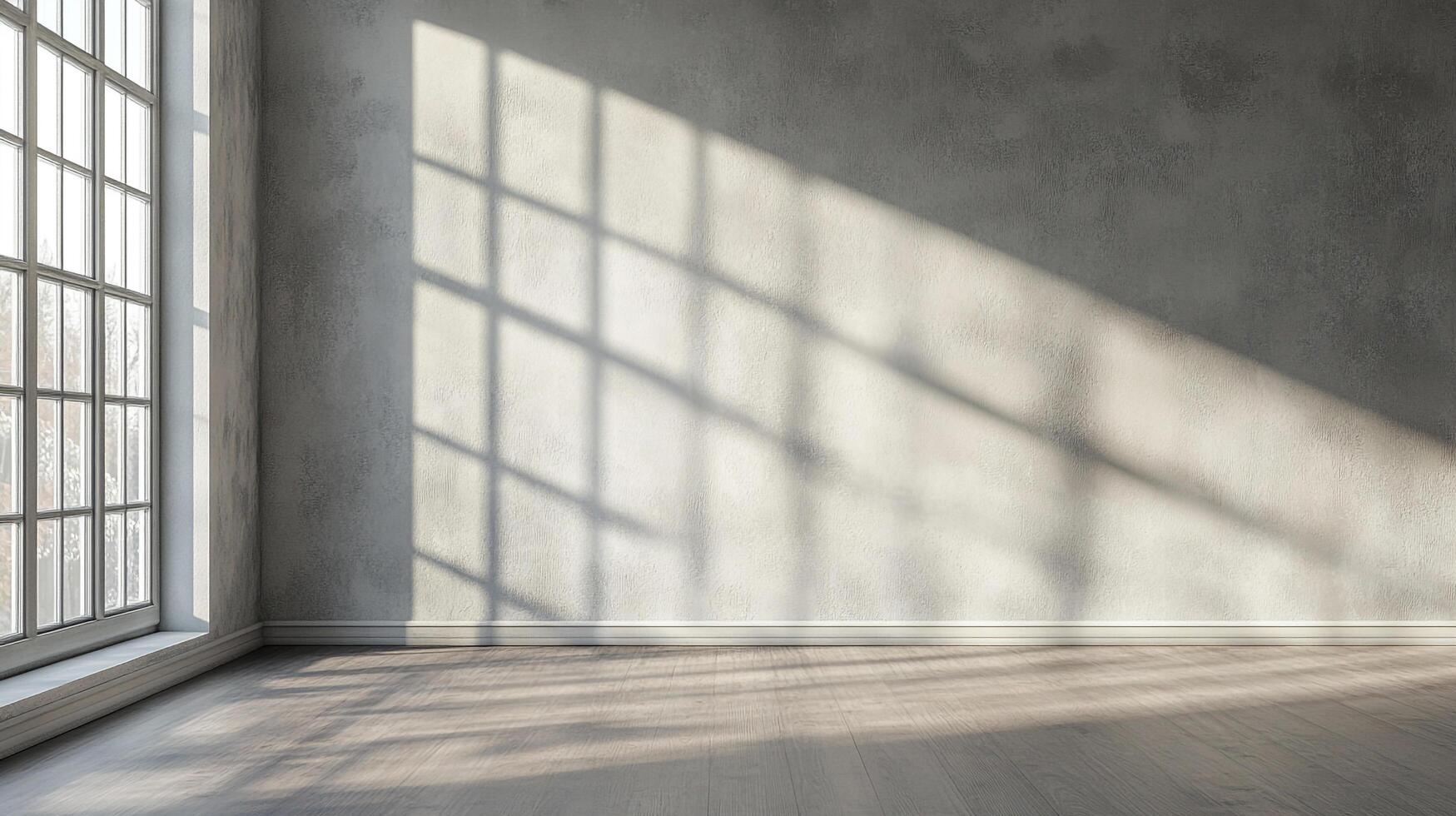 Sunlight streams through a large window, creating a captivating play of light and shadow on a textured wall and wooden floor. photo