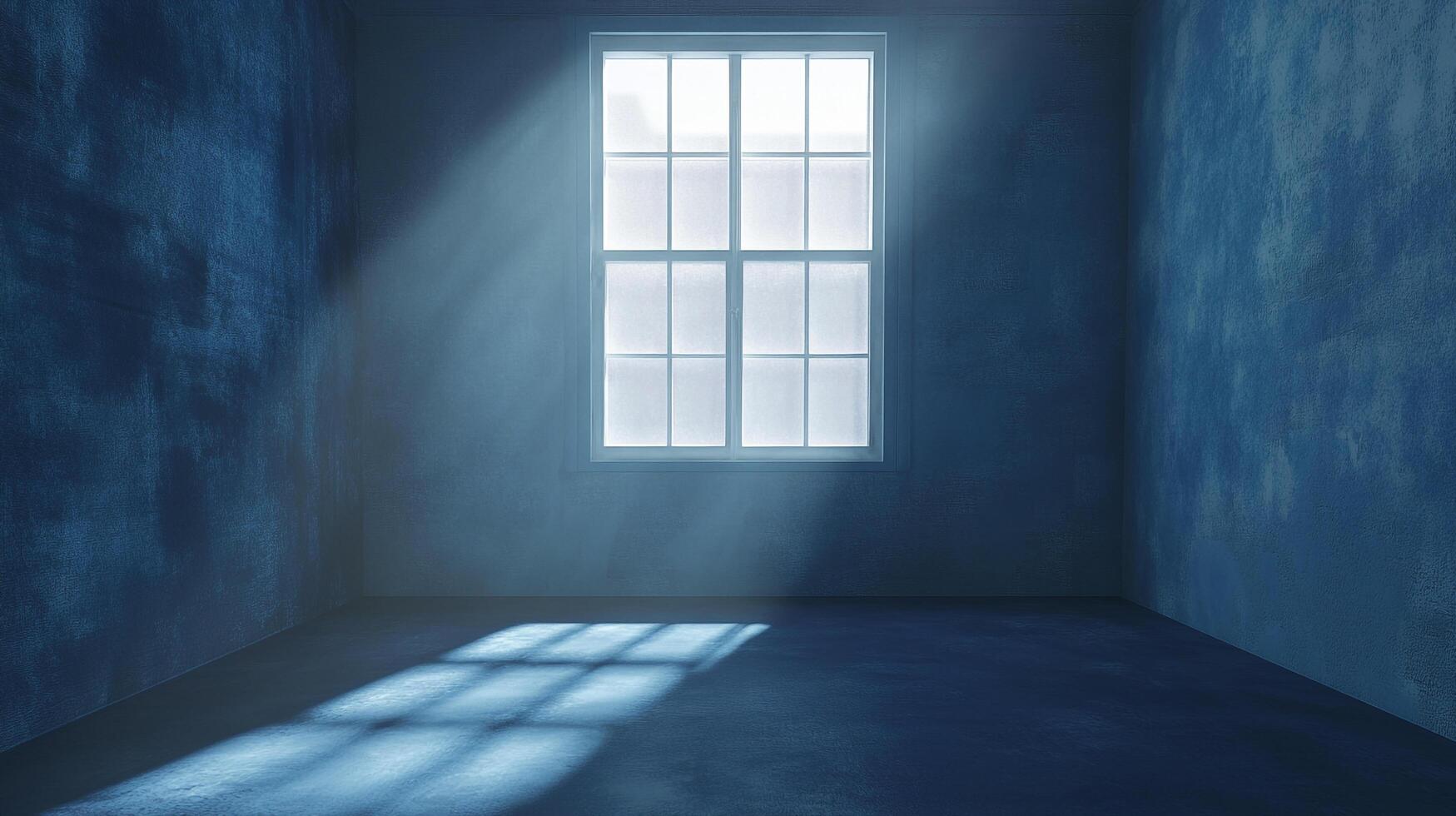 A minimalist view of an empty blue room, featuring light streams entering through a grid-paned window, creating shadow patterns. photo