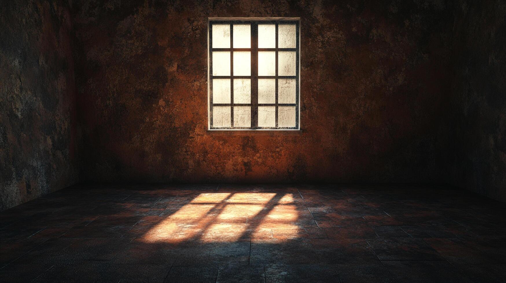 An empty, grungy room is illuminated by bright sunlight streaming through a window, casting sharp shadows across the worn floor. photo