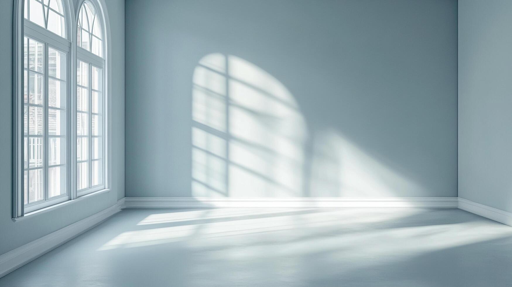Sunlight streams through arched windows, casting shadows on the cool blue walls and floor of this empty room creating a serene atmosphere. photo