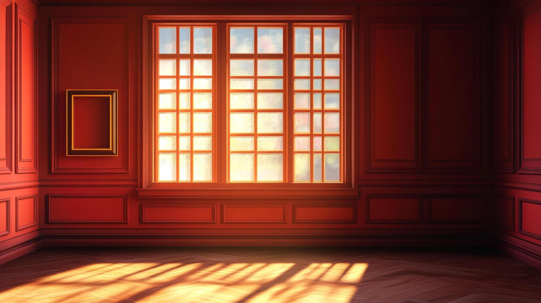 Sunlit room with red walls, a window, and a picture frame, creating a warm and inviting atmosphere, perfect for an interior design. photo