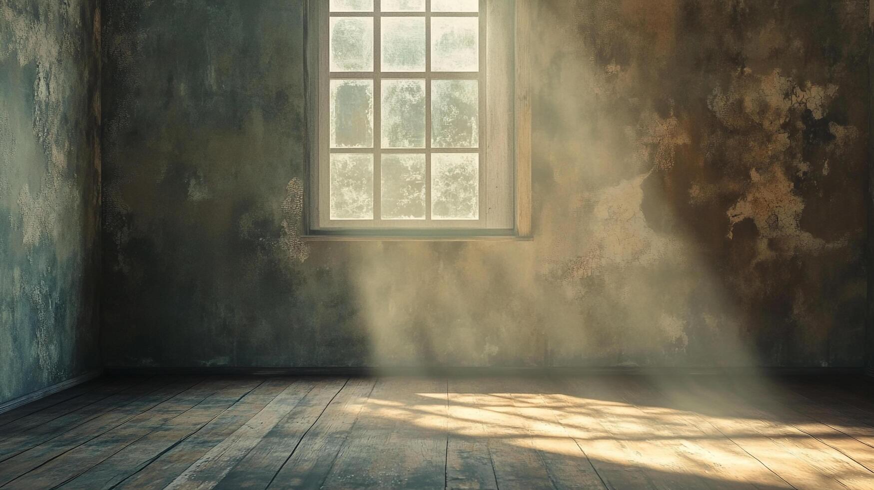 Sunlight streams through a window, illuminating a weathered room with character and texture, creating a serene, atmospheric space. photo