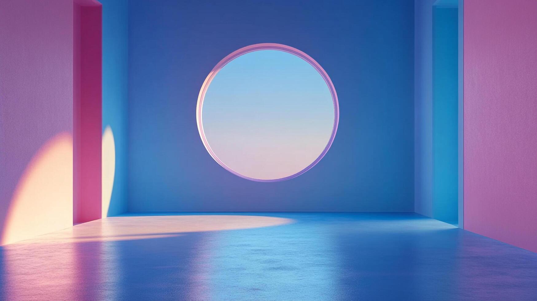 A modern, minimalist room with soft pink and blue lighting and a circular opening, showcasing the calming sky beyond. photo