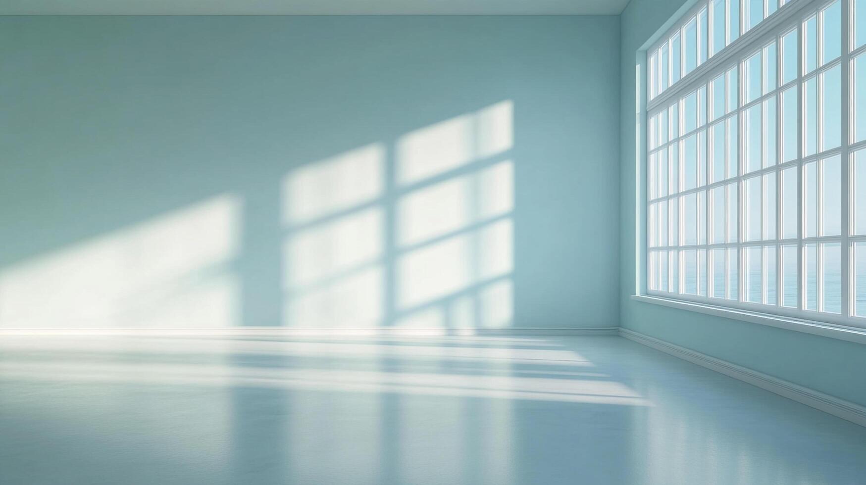 Sunlit room with large windows illuminating an empty space, casting abstract shadows. The light and airy atmosphere suggest tranquility. photo