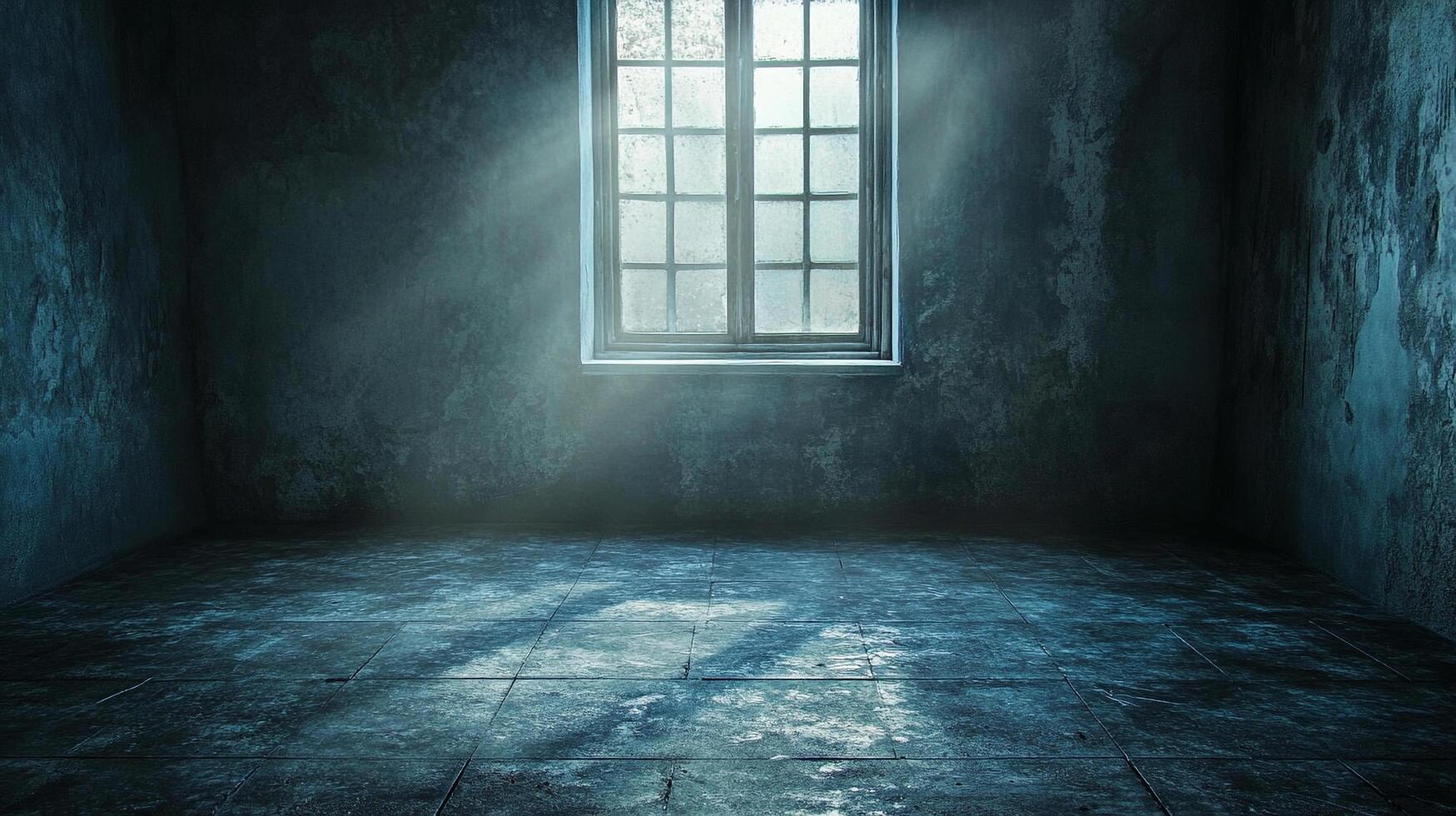 An eerie, empty room with light streaming through a window, creating shadows. The walls are textured, adding to the room's atmosphere. photo