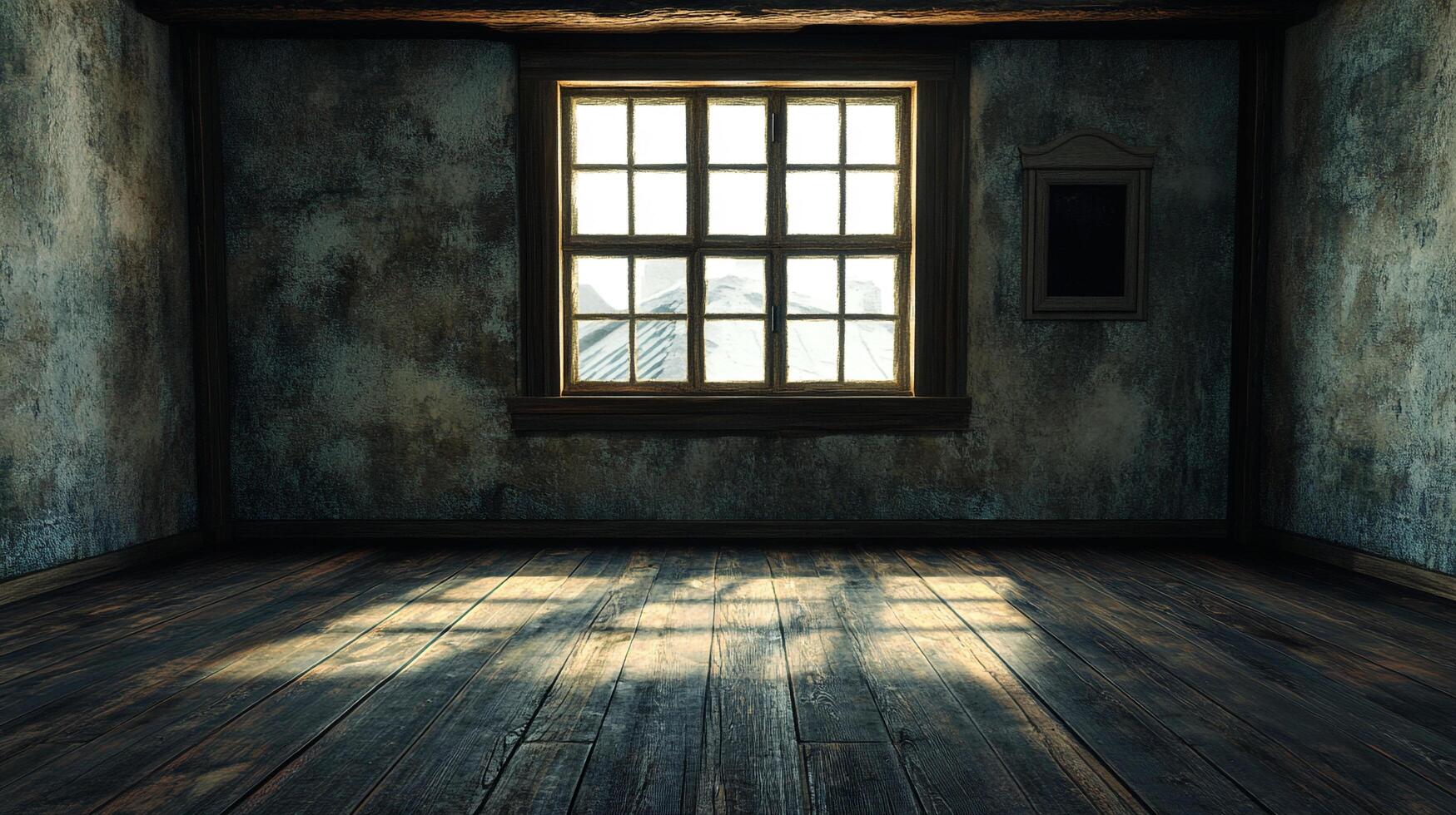 Sunlit room with rustic charm, revealing weathered walls and floorboards, creating a cozy yet spacious interior, featuring a window view. photo