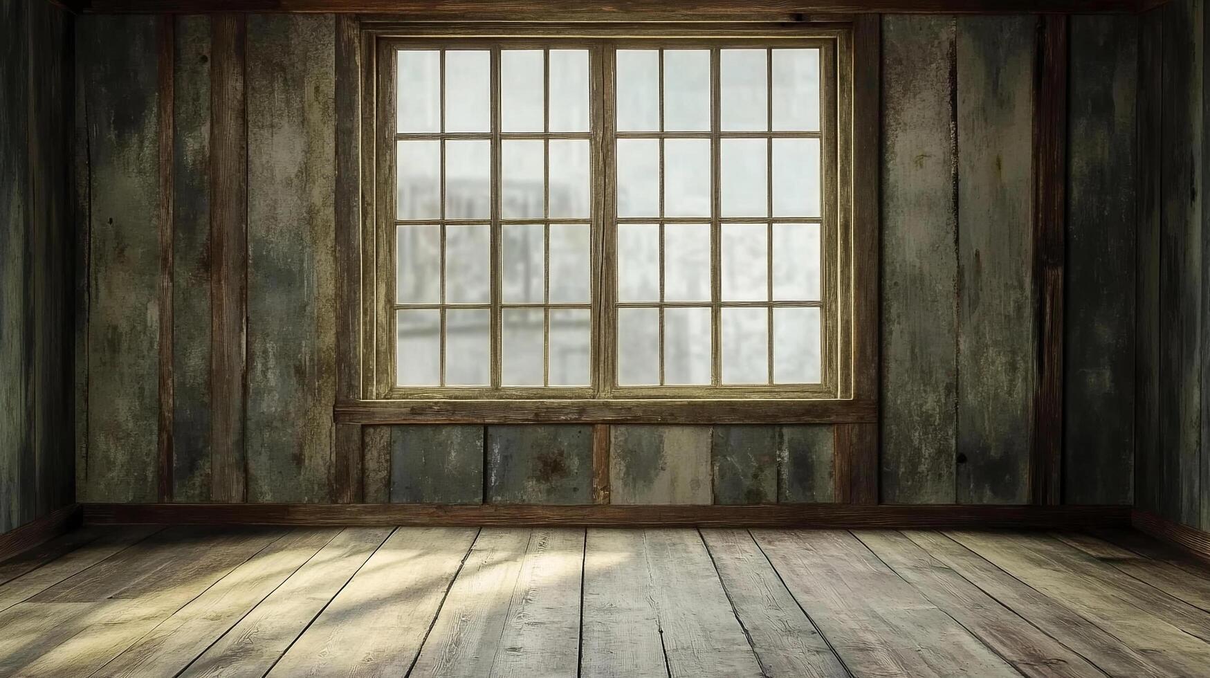 Rustic room with weathered wooden walls and a window letting in natural light creates a cozy atmosphere. The floor is made of light wood. photo