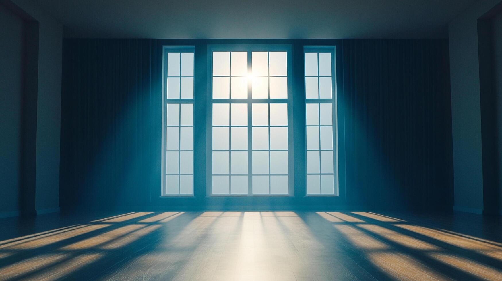 Sunlight streams into a vacant room through a gridded window, casting dramatic shadows across the clean, polished floor. Airy atmosphere. photo