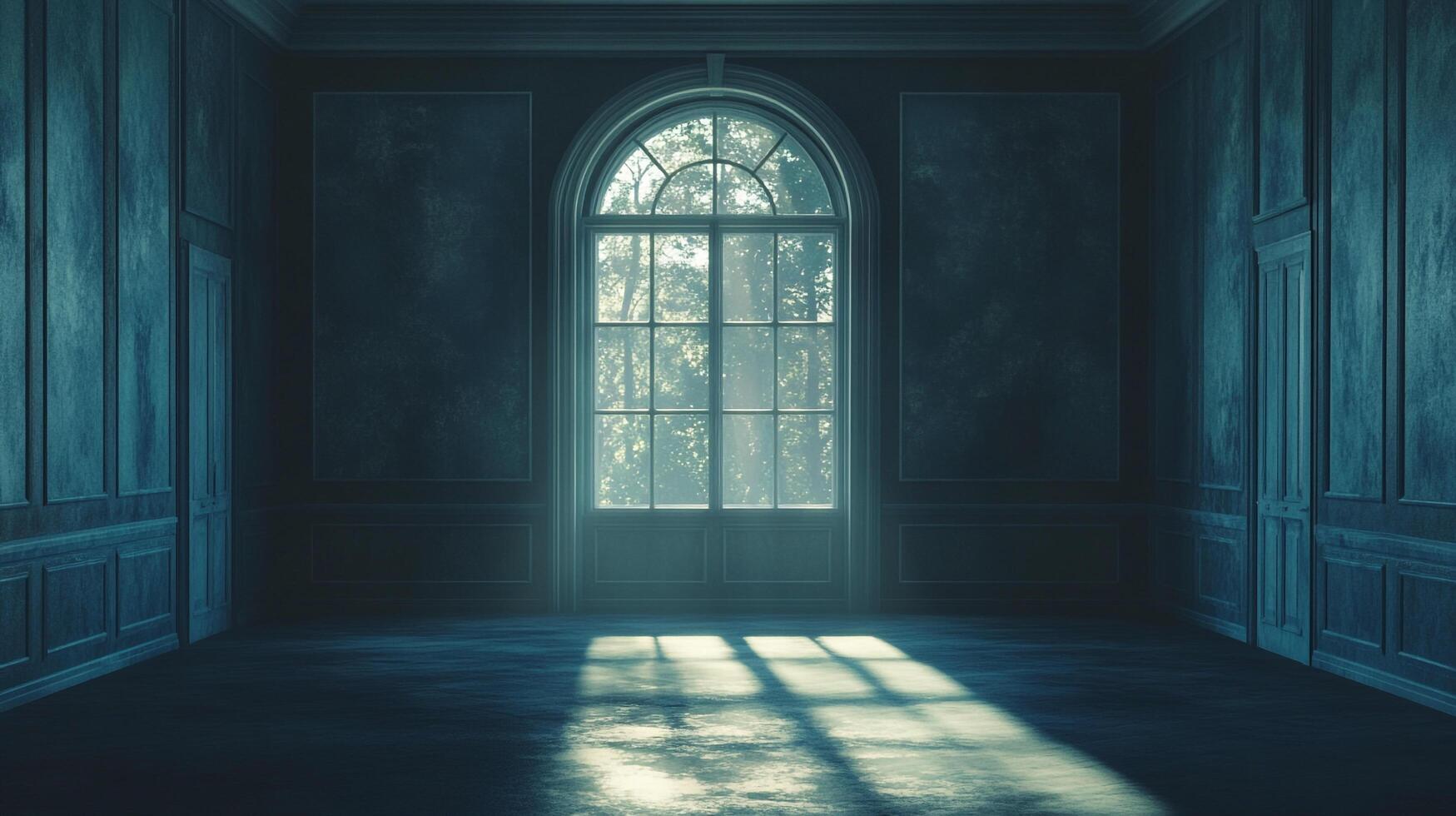 A room awash in faint light pouring in from an arched window, creating a serene and somewhat mysterious atmosphere inside. photo