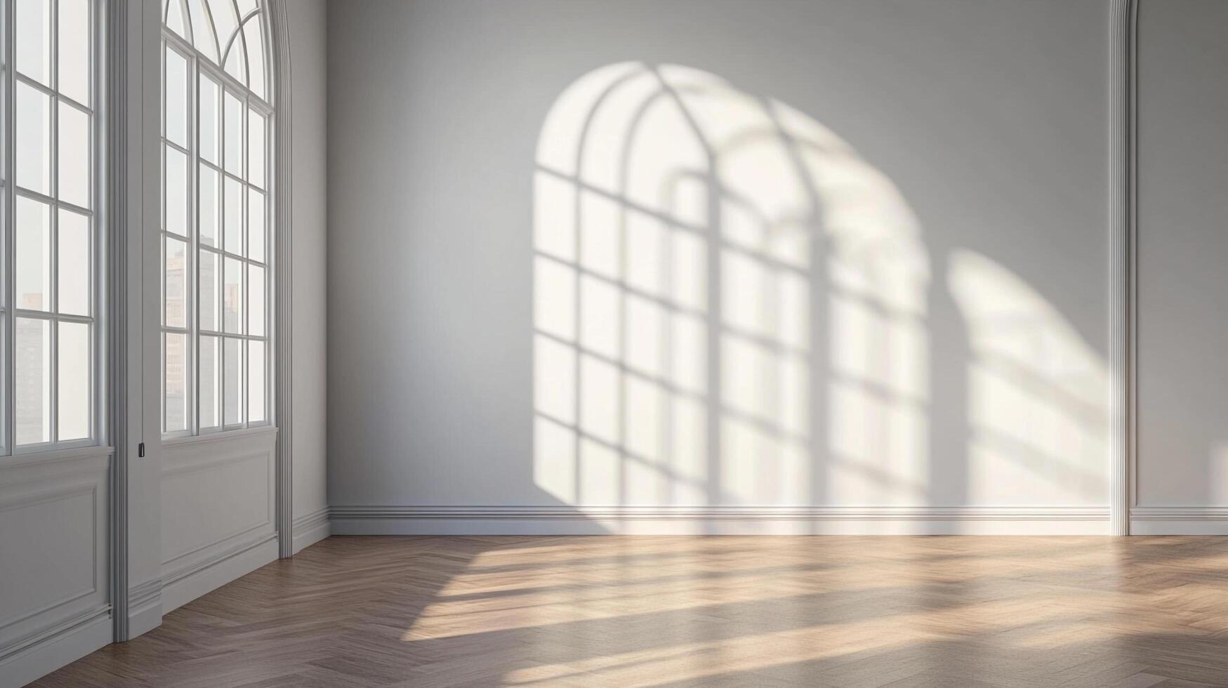Sunlight streams through an arched window, casting a patterned shadow on the white wall of a classic, elegant room with herringbone floors. photo