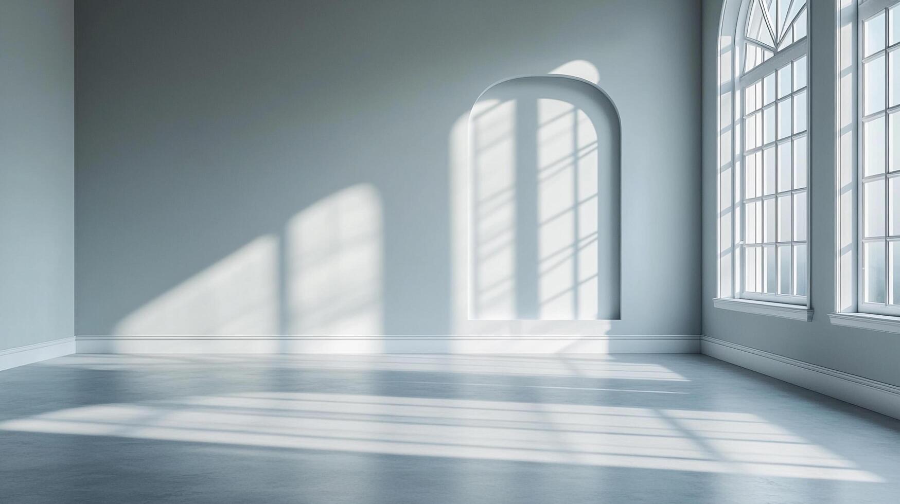Sunlight streams through windows, creating an elegant shadow play on the empty grey room's floor, highlighting architectural details. photo