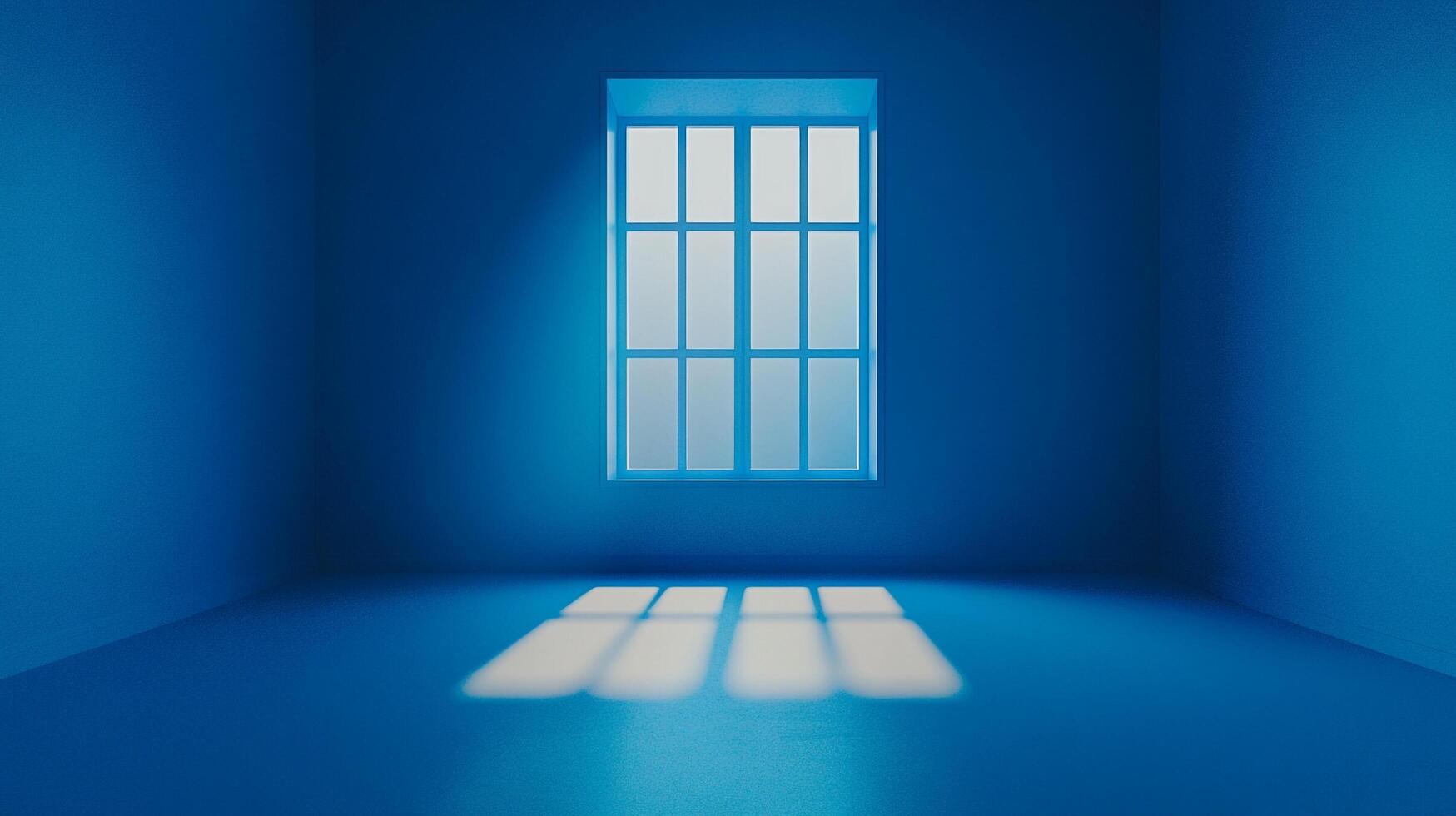 Sunlight streams through a window, casting shadows on the floor of a blue room, creating a serene and minimalist architectural space. photo