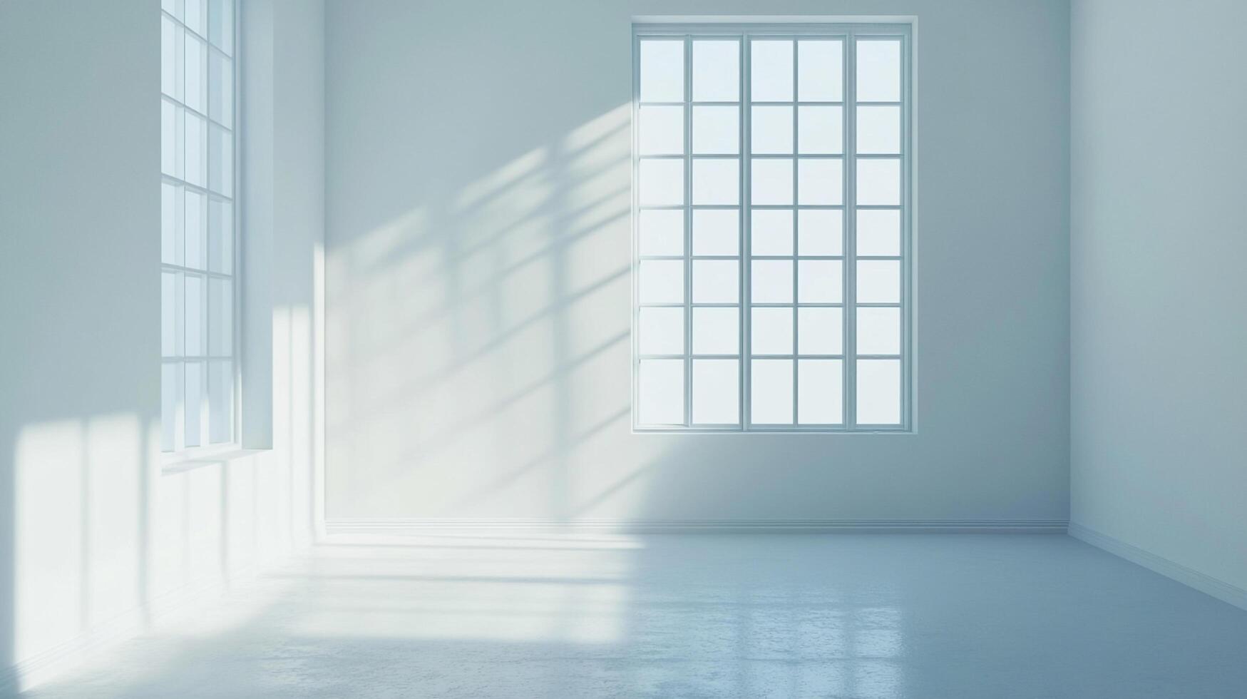 Bright empty room with large windows casting shadows. A clean and minimalist aesthetic is shown with blue walls and a concrete floor. photo