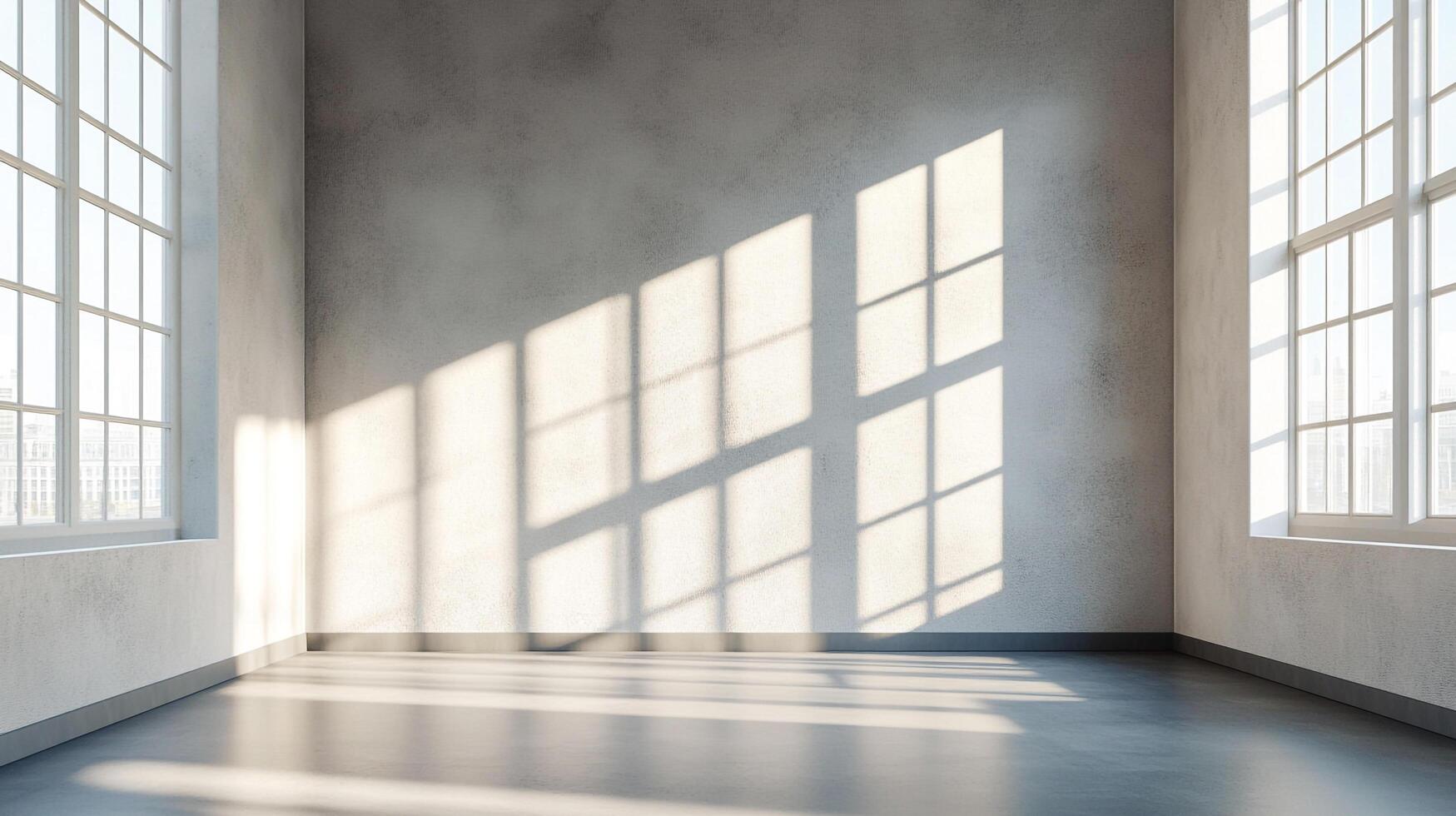 Sunlit empty room. Light from large windows casts shadows on the concrete wall and floor. Interior, minimal, clean, airy, bright space. photo