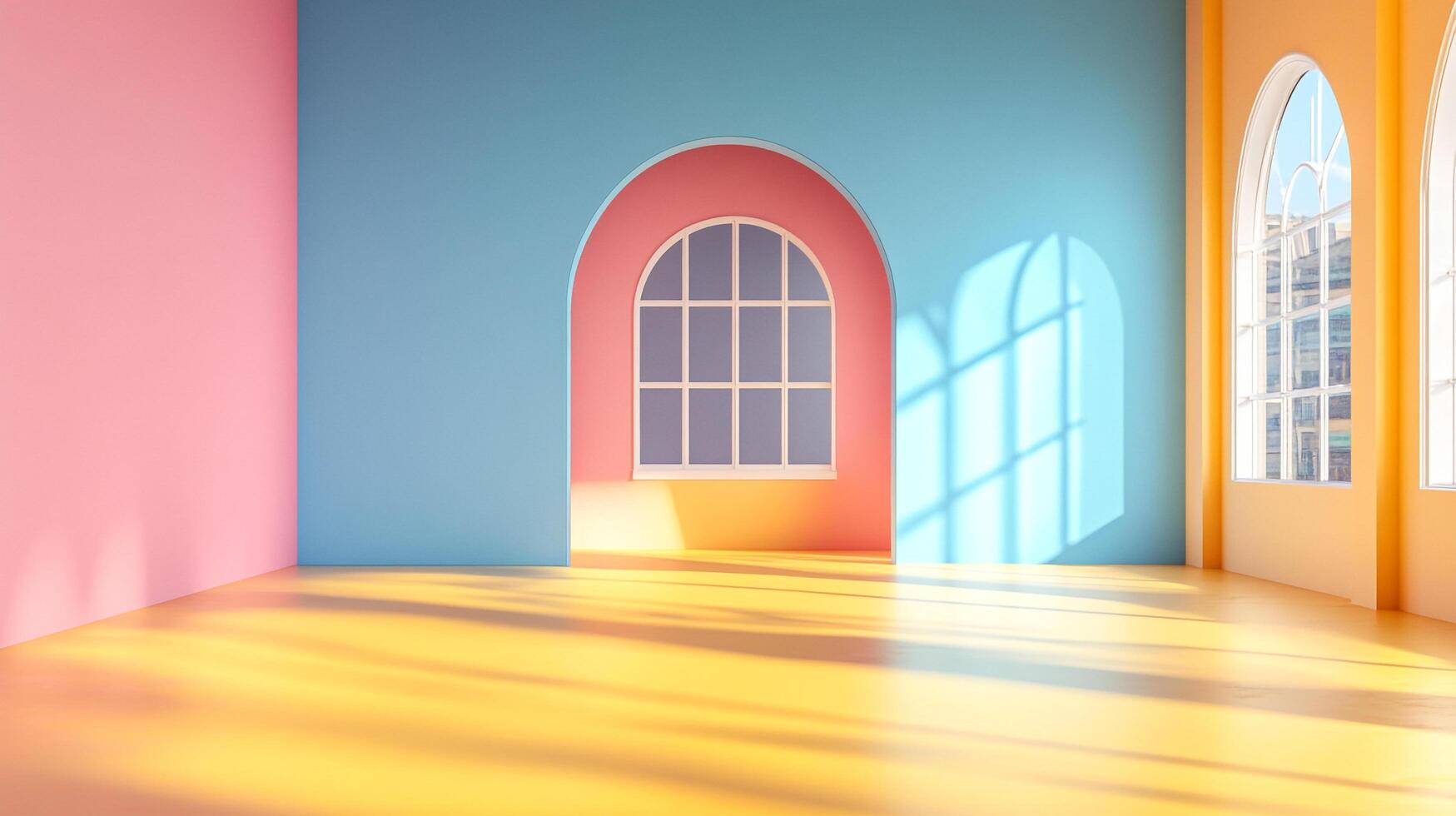 A vibrant room with pastel walls in pink, blue, and yellow, featuring arched windows and sunlight casting dynamic shadows on the wooden floor. photo