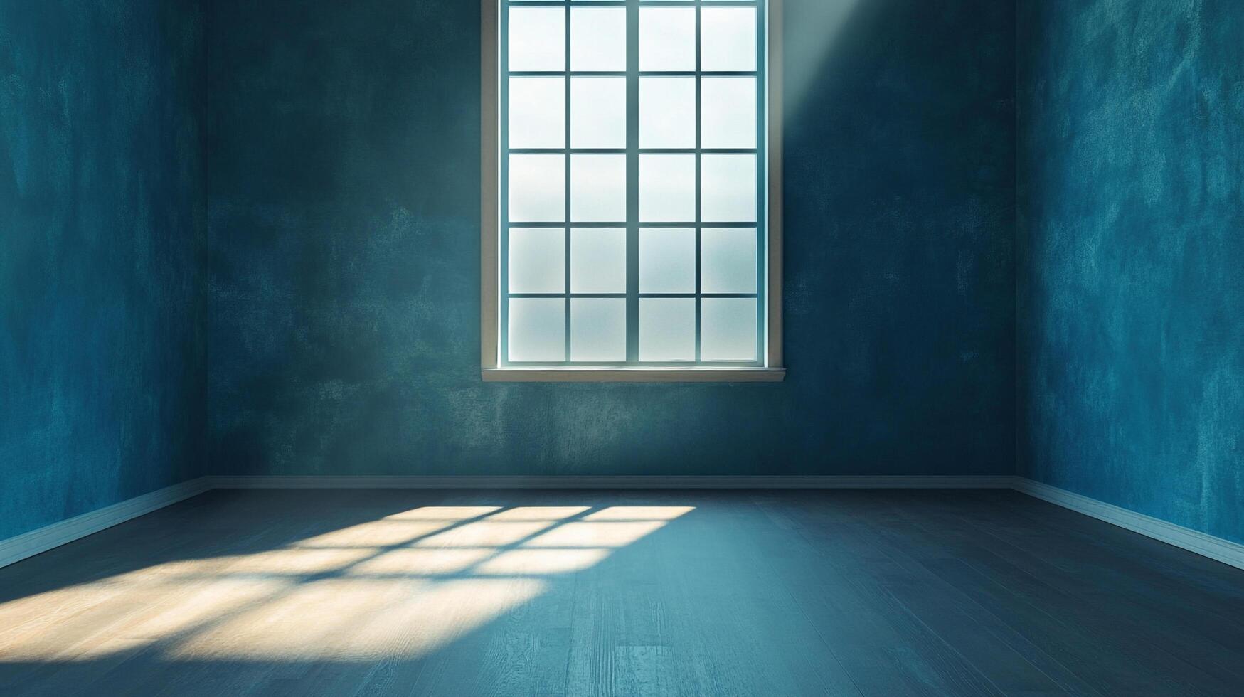 Sunlight streams through a paneled window in this tranquil blue room, casting shadows on the wooden floor and highlighting the textured walls. photo