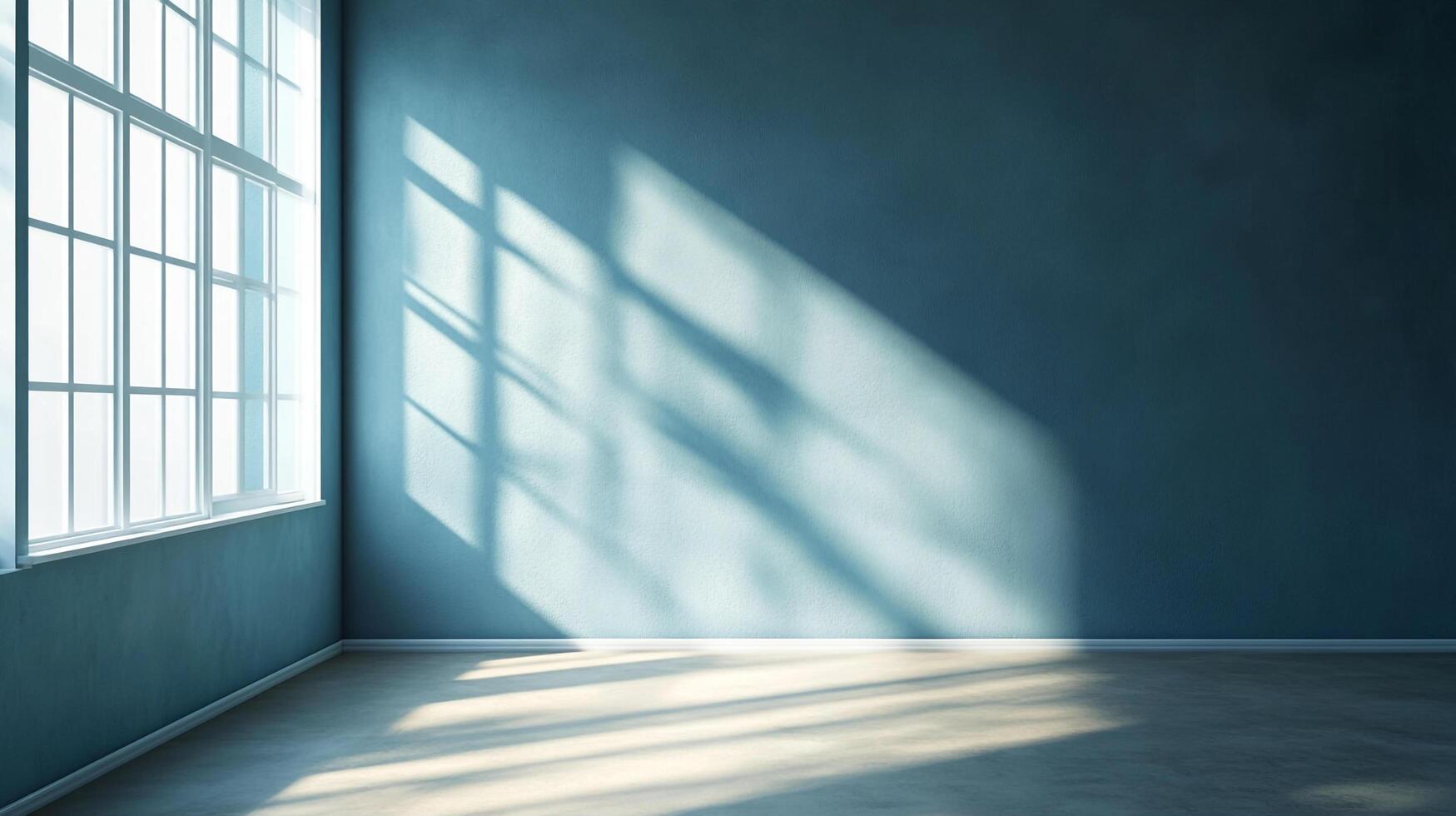 Sunlight streams through a window, casting shadows on the blue wall and floor of an empty room, creating a serene and minimalist scene. photo
