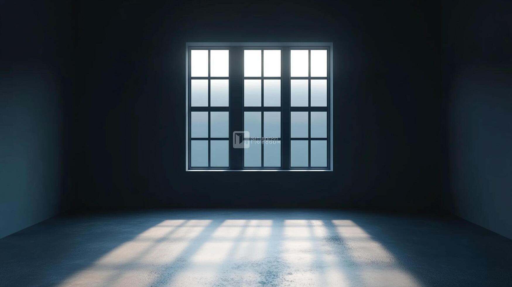Illuminated room with large window, light streaming, casting shadows. Modern, minimal space, perfect for showcasing architectural design. photo