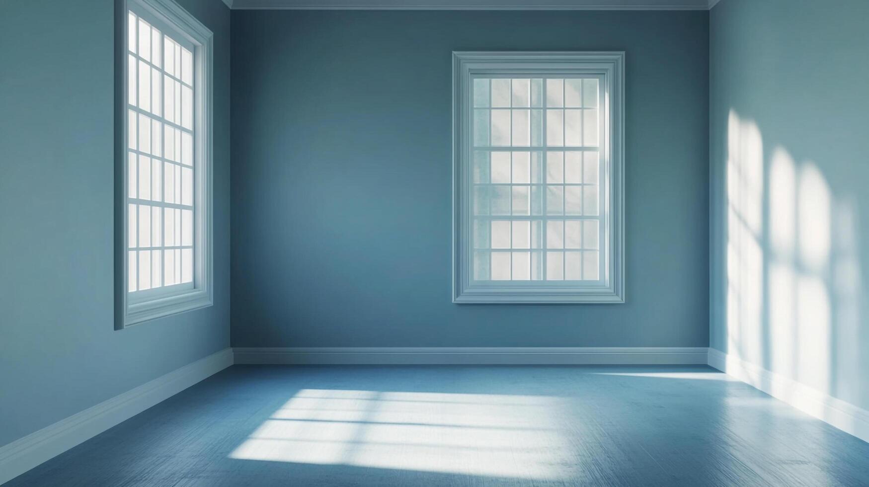 Empty room illuminated by natural light streaming through windows, casting shadows. Simple architectural details in a monochromatic color palette. photo