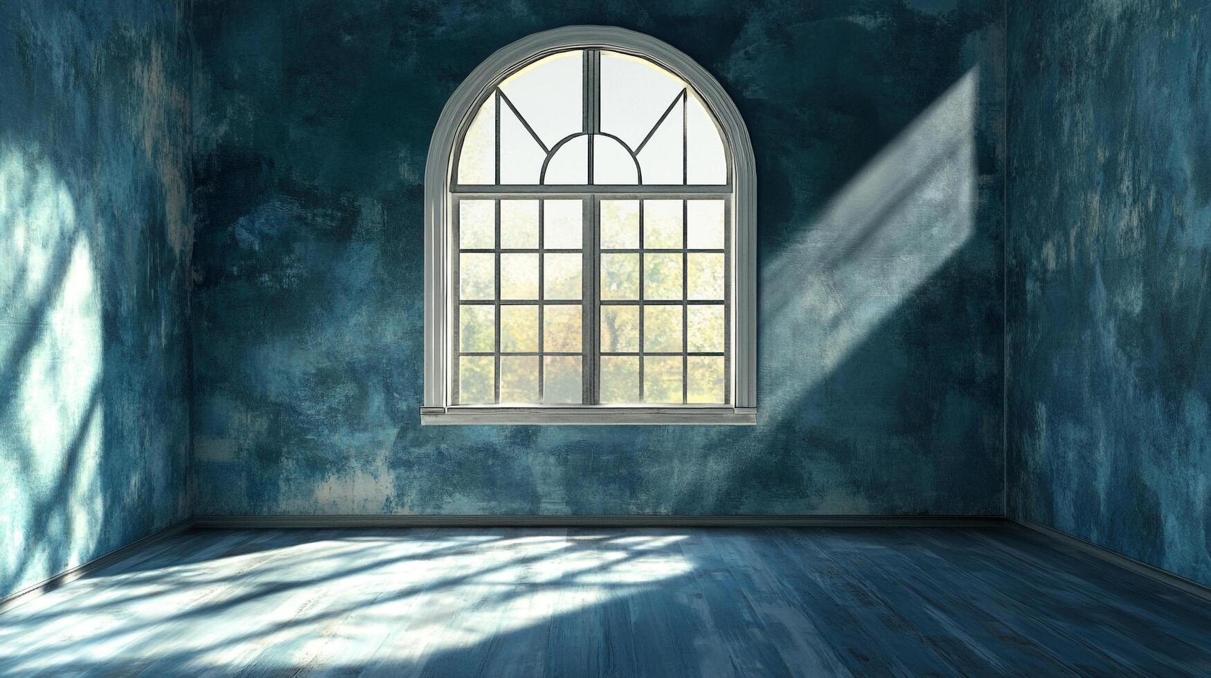 Sunlit room with textured blue walls, wooden floors, and a window casting light patterns. Serene atmosphere. photo
