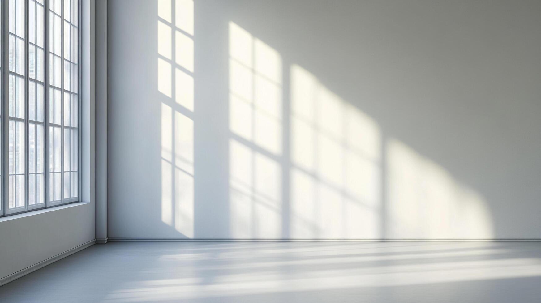 Sunlight streams into a minimalist room with large windows, casting shadows across the pristine floor and walls. A bright, modern interior. photo